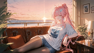 粉发少女的海滨落日时光