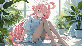窗边绿植旁的粉发少女