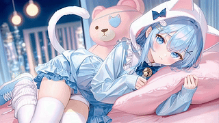 蓝发猫耳少女卧室小憩