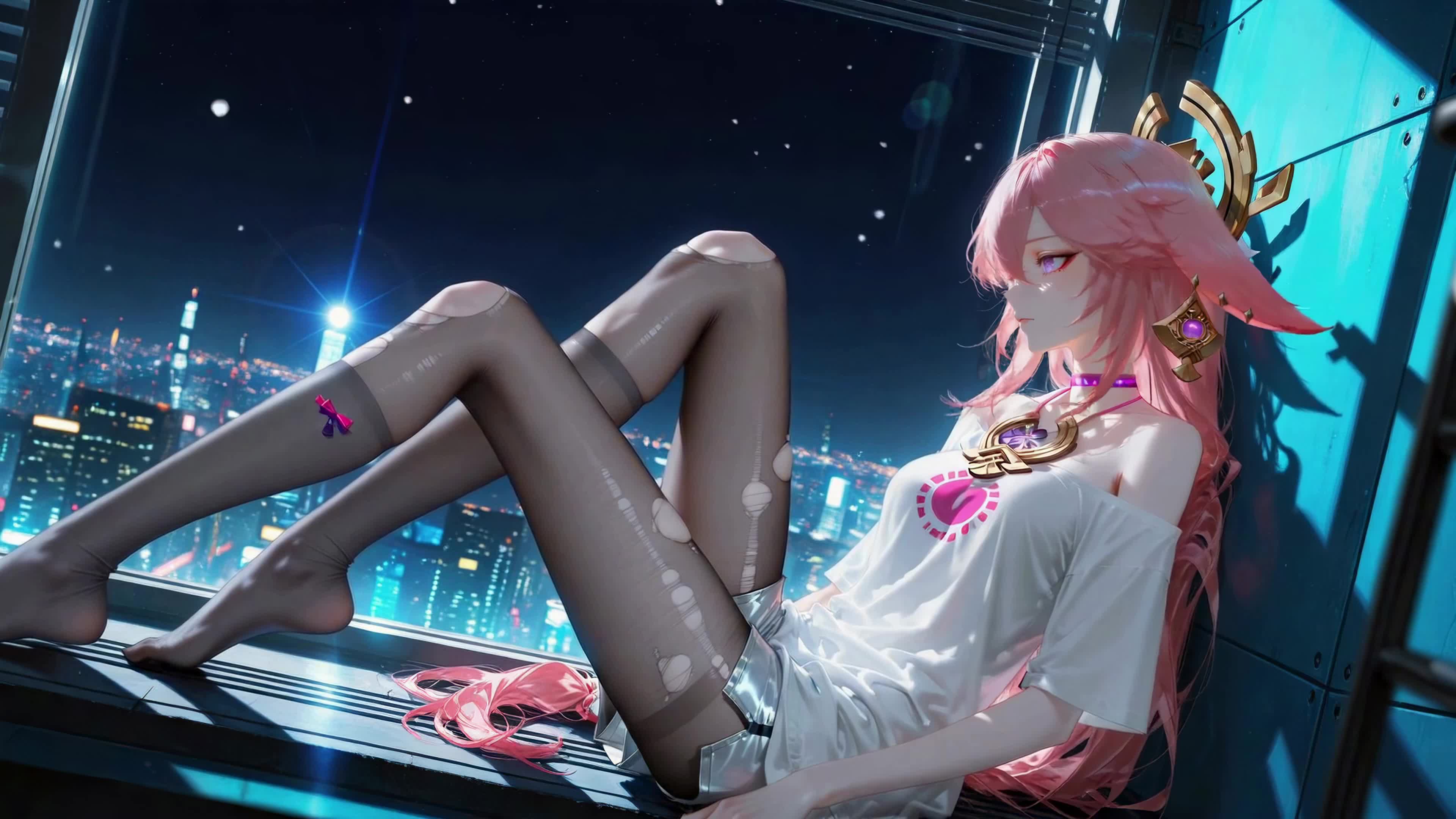 都市夜景窗边粉发少女