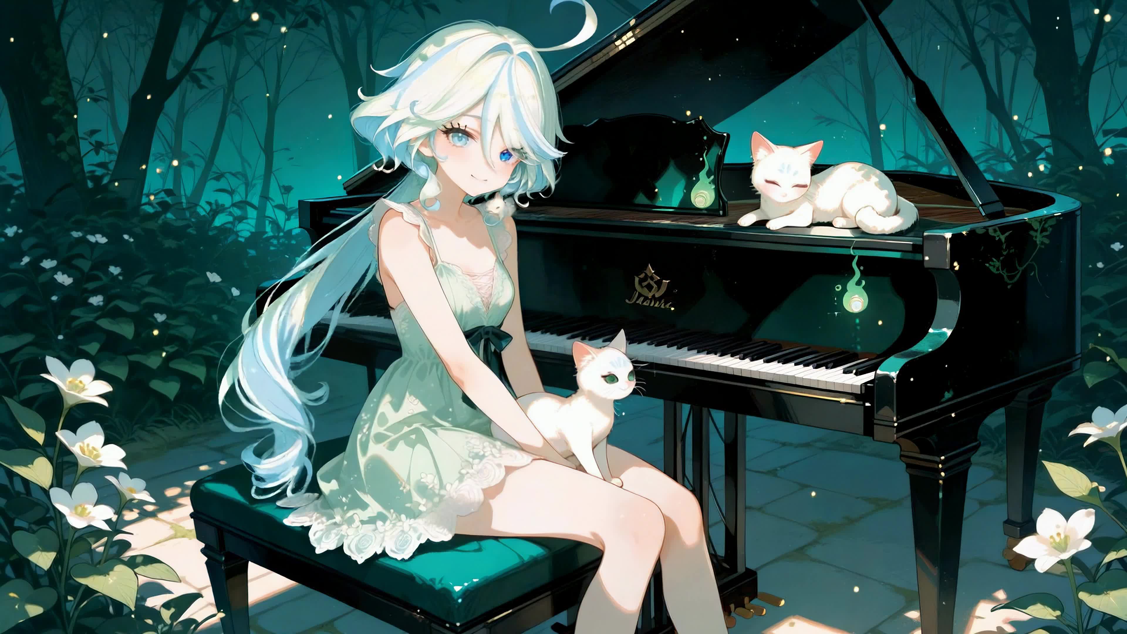 林间钢琴少女与萌猫