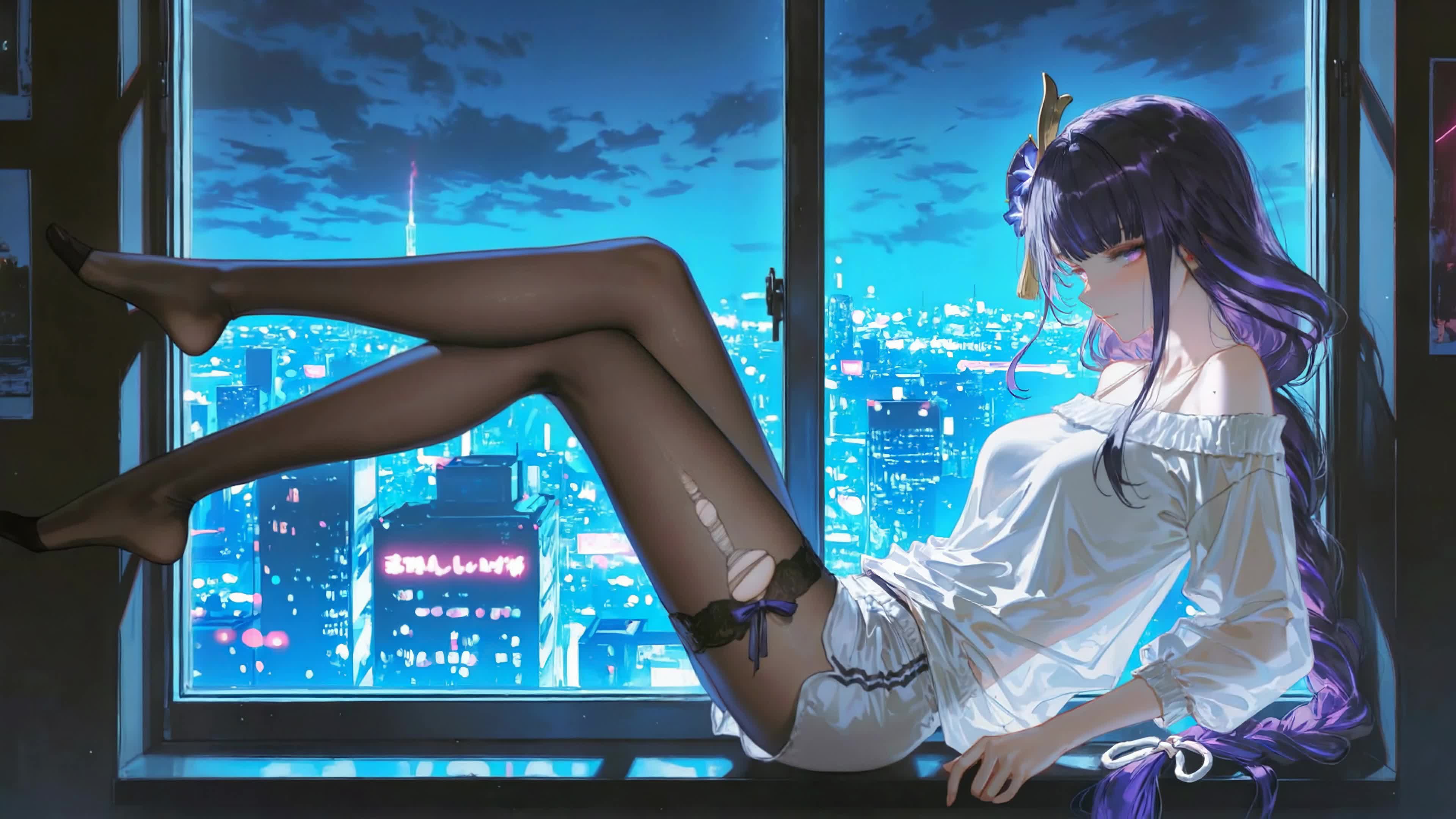 夜景窗边紫发少女
