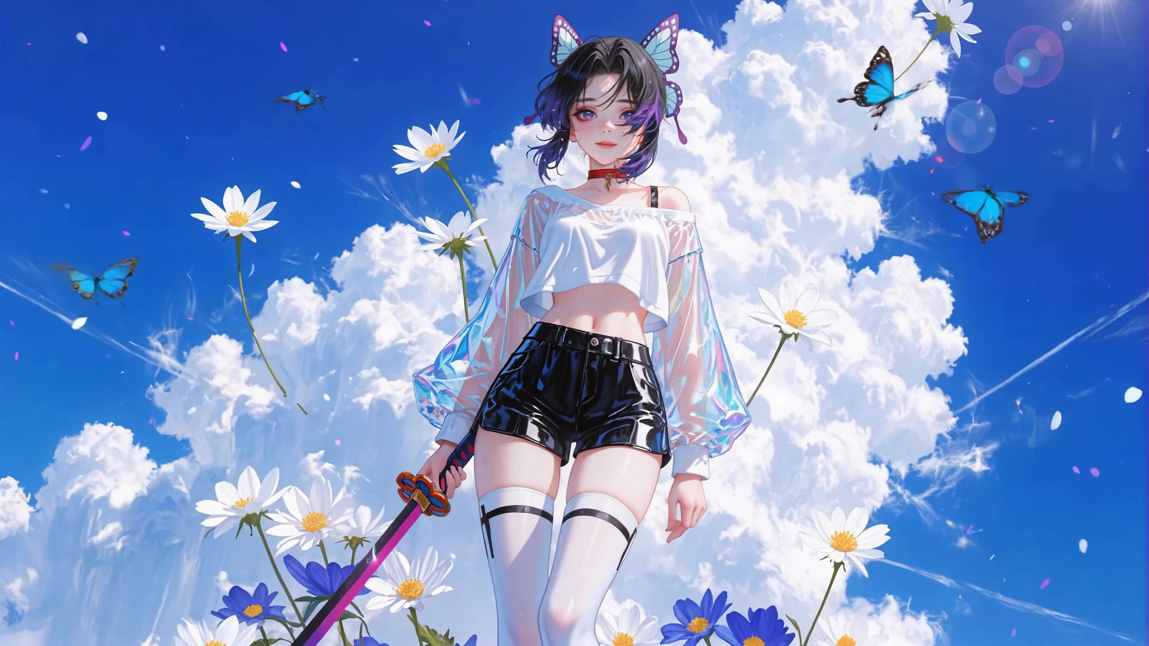 晴空花野蝶影少女