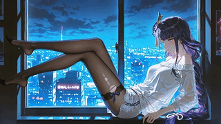 夜景窗边紫发少女