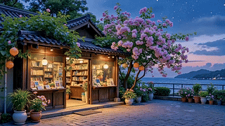 暮色海边街角书店