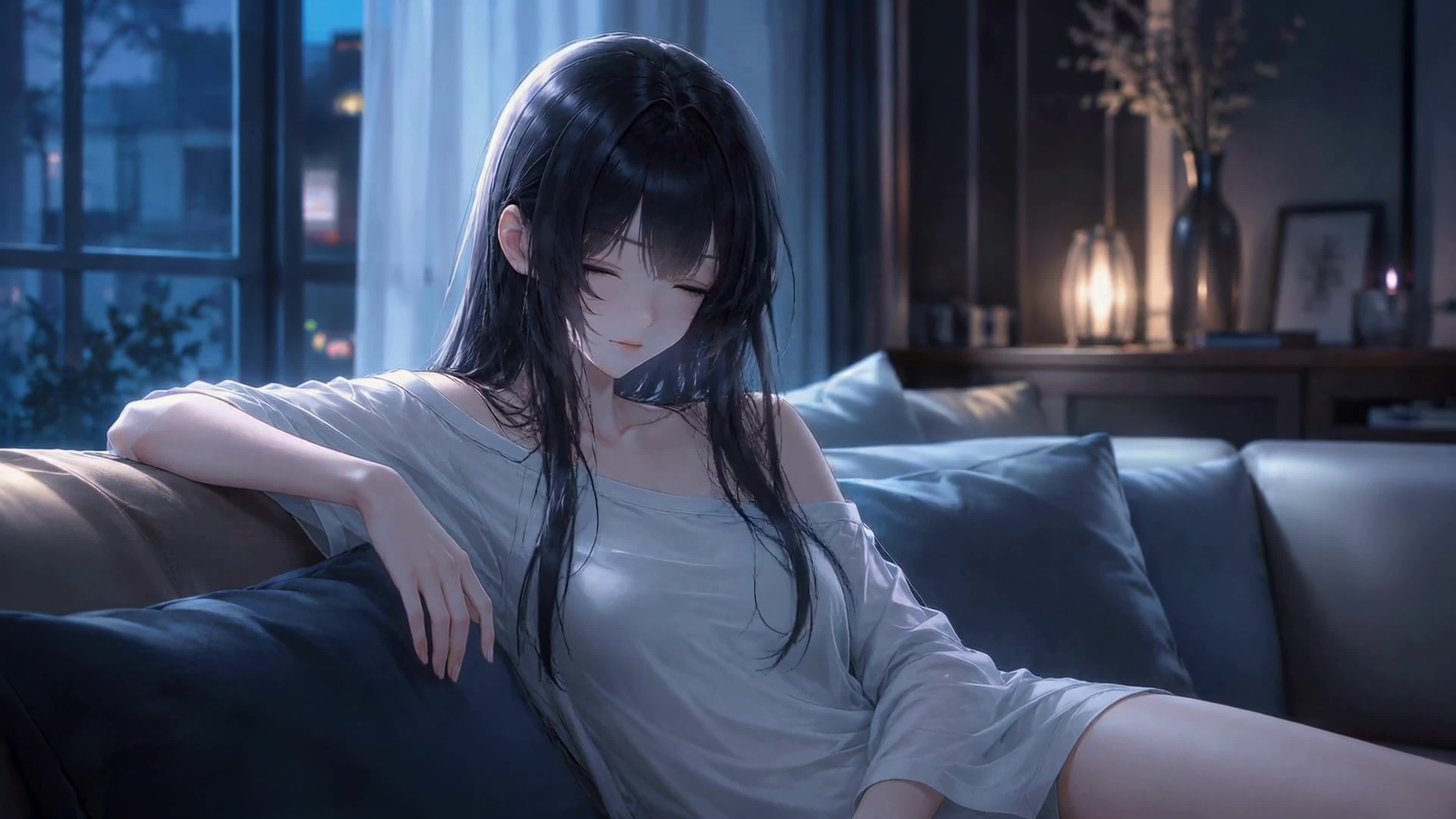 静谧蓝夜慵懒少女