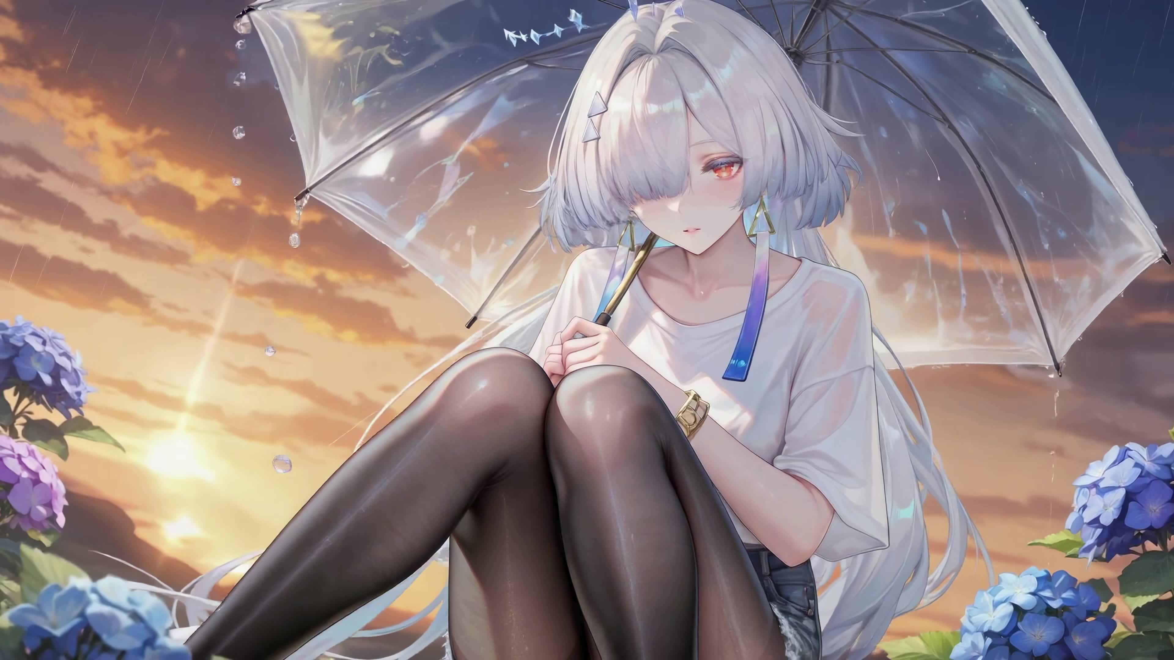 黄昏雨中银发少女