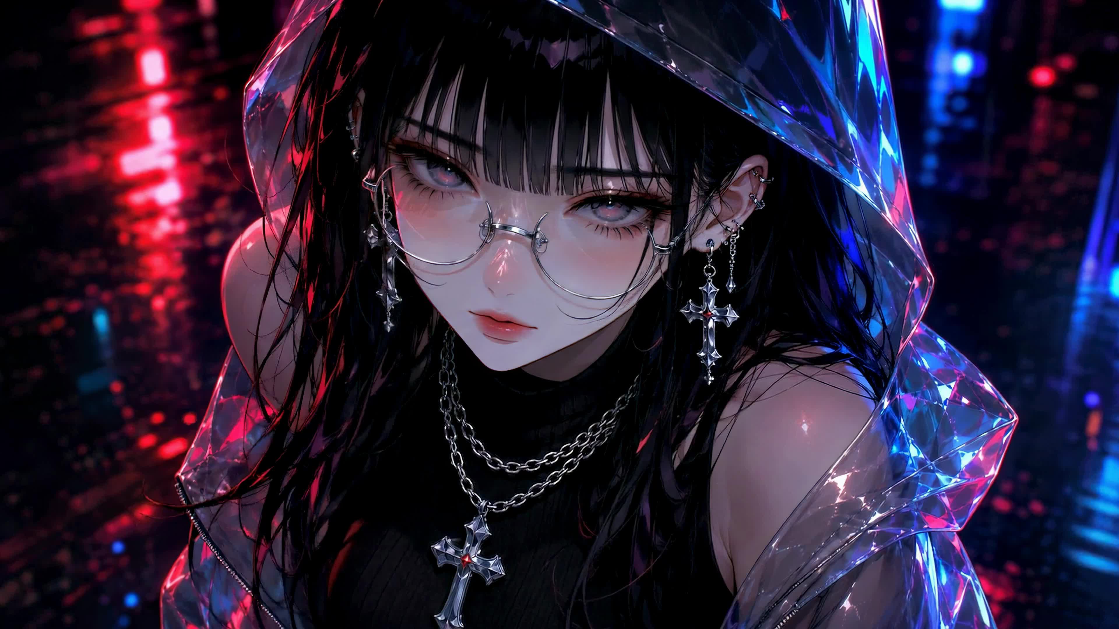 赛博雨夜冷艳少女