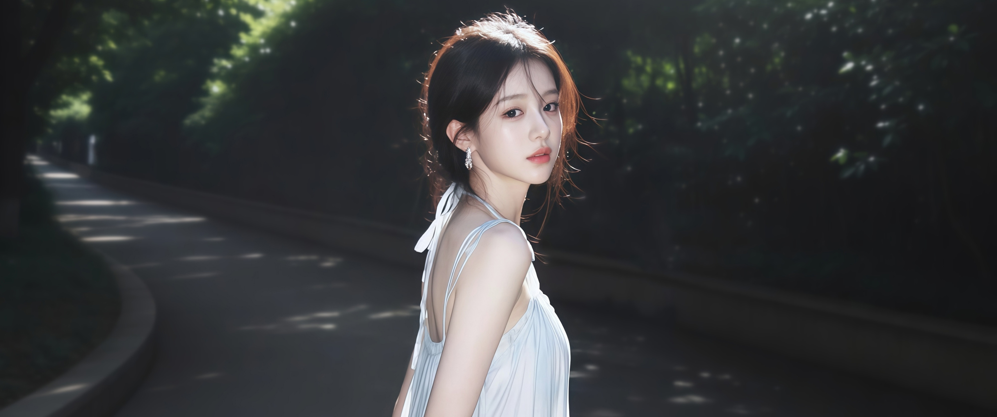 公园 白色裙子美女侧脸 3440x1440带鱼屏壁纸