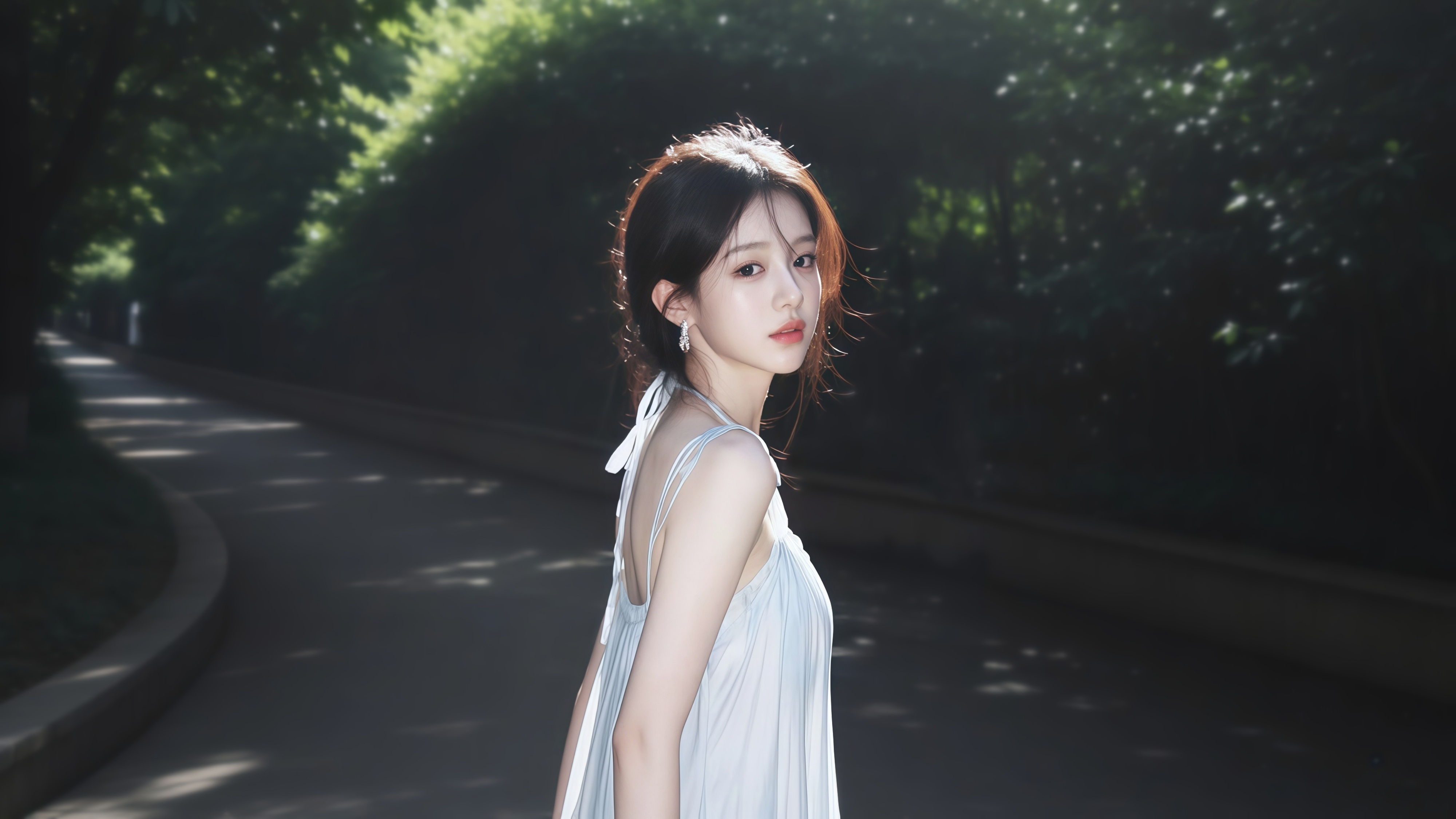 公园 美女侧脸 白色裙子 4K壁纸
