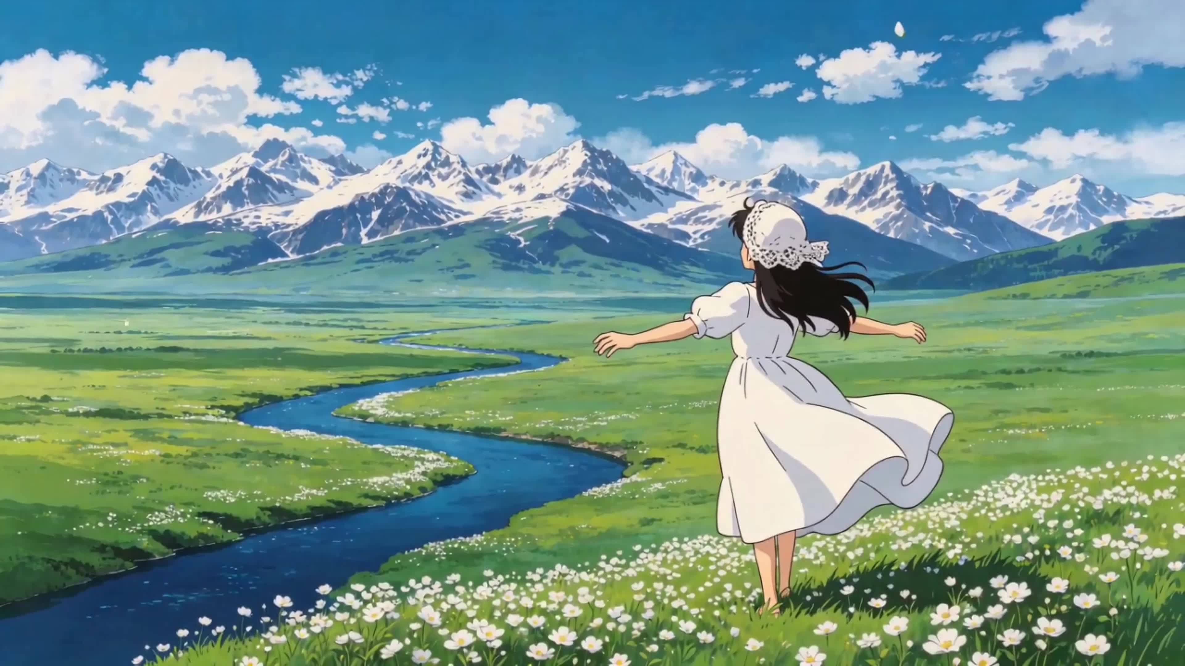 山川流水白裙少女