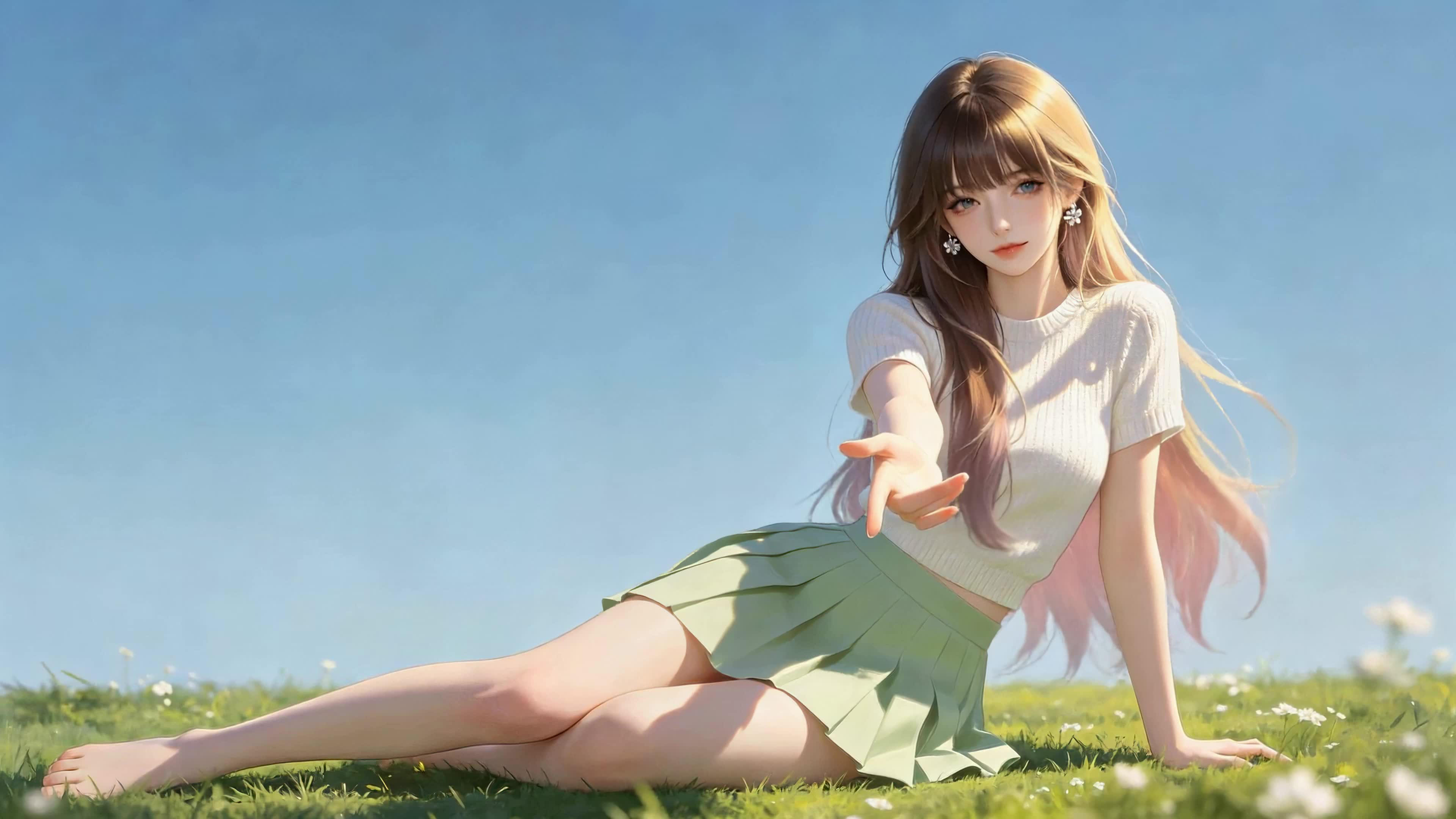 草地清纯百褶裙美少女