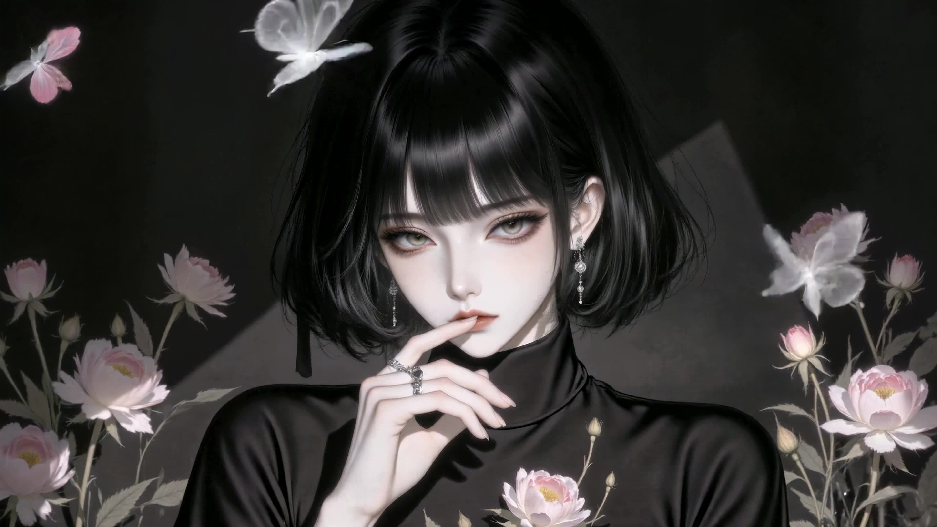 花蝶环绕黑发少女