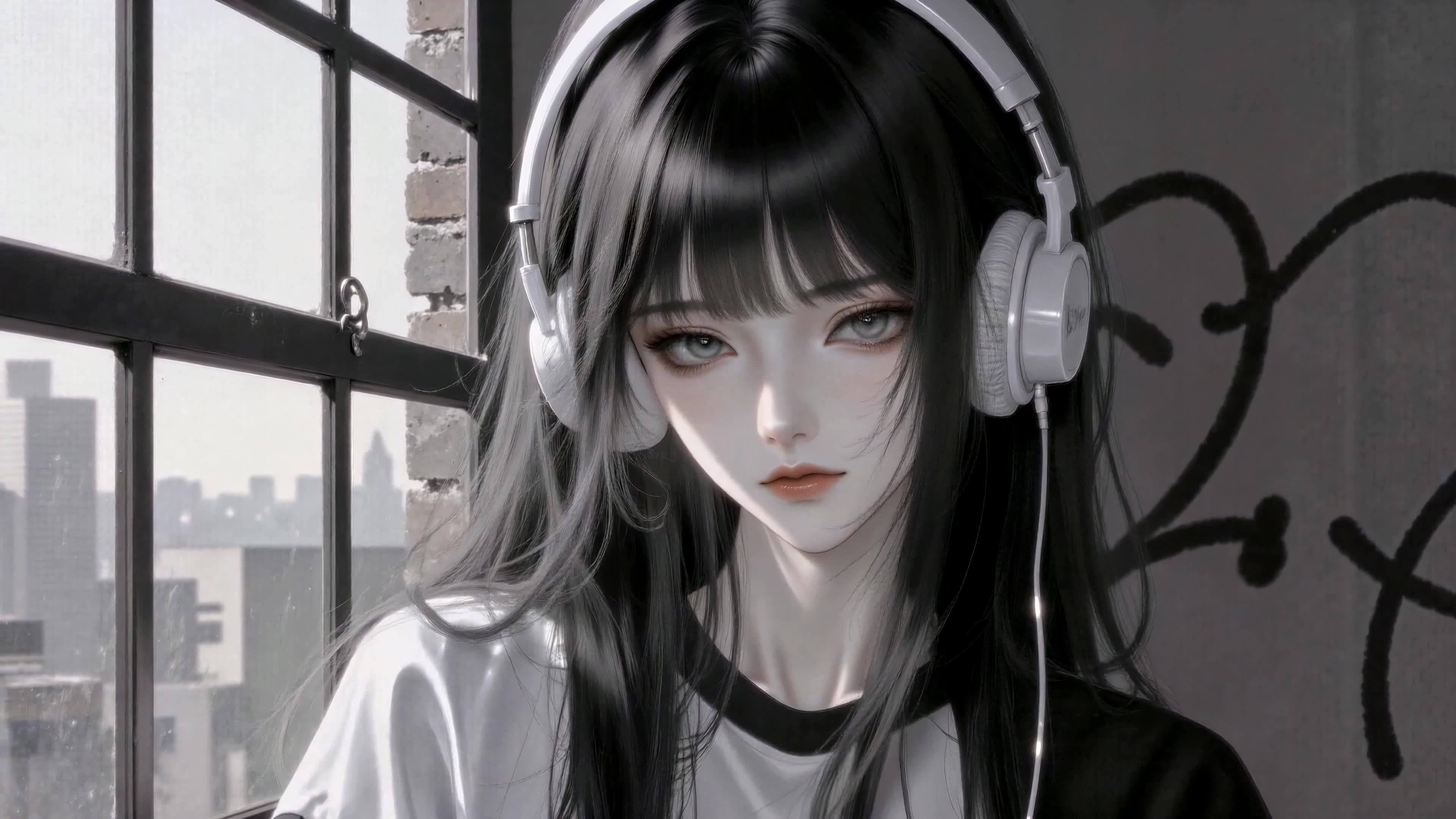 窗边听音乐的少女
