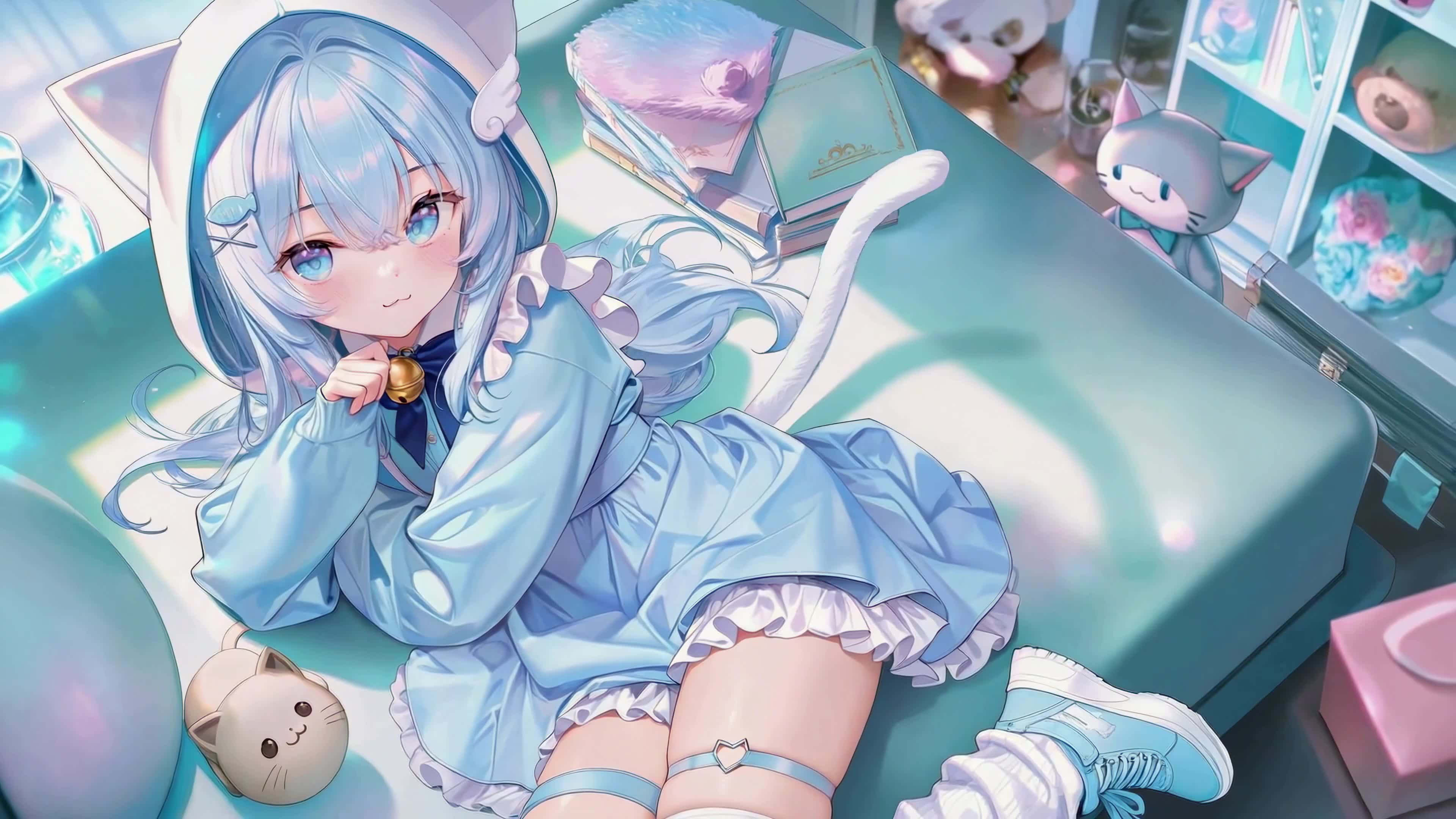蓝发猫耳软萌少女居家休憩