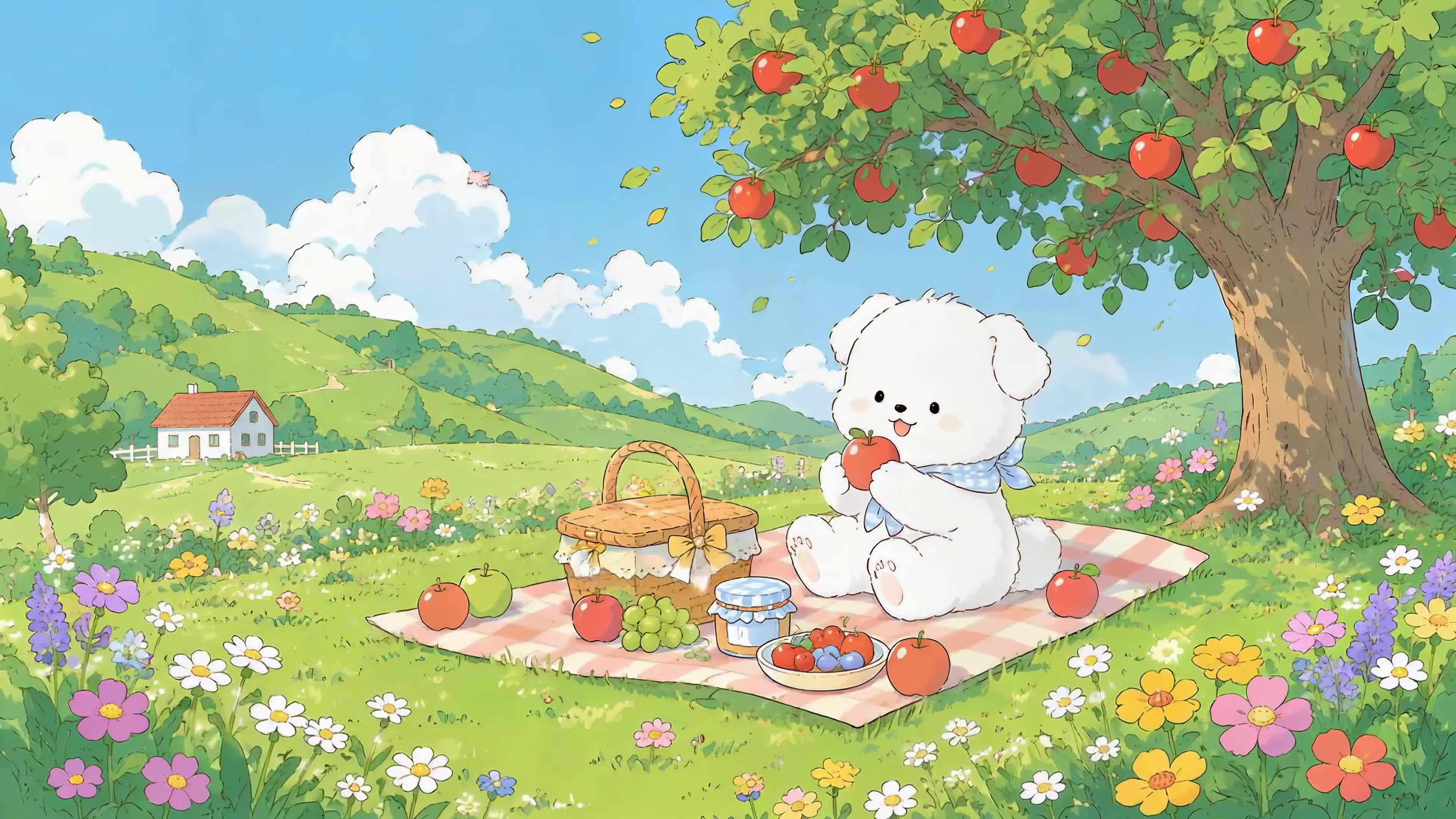 苹果树下野餐小狗