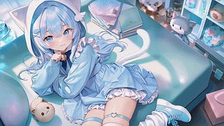 蓝发猫耳软萌少女居家休憩