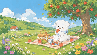 苹果树下野餐小狗