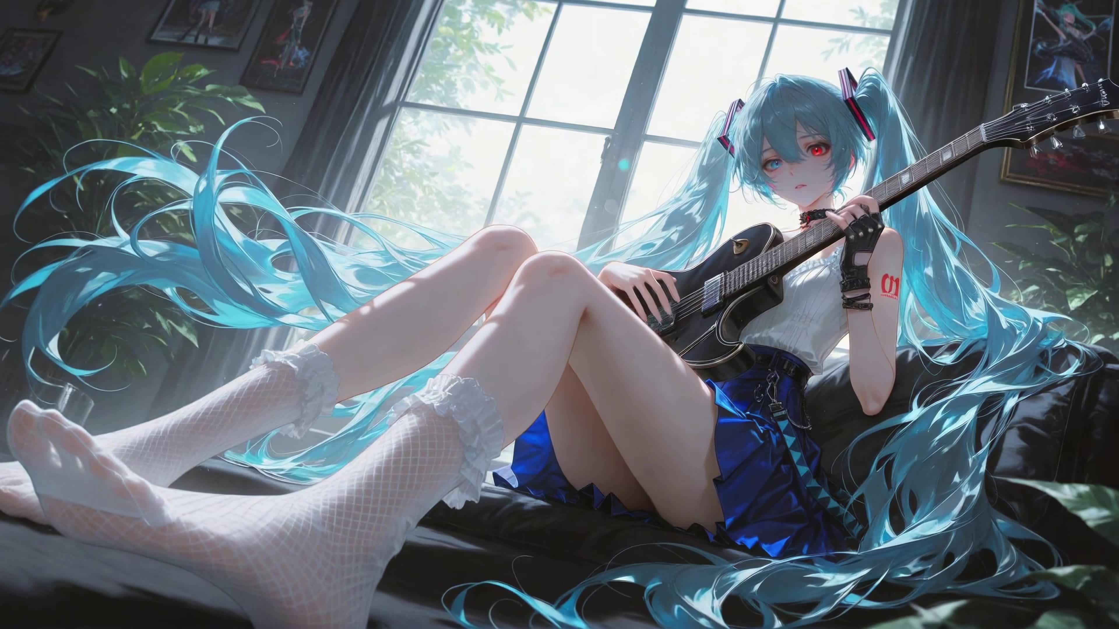 窗边蓝发吉他少女