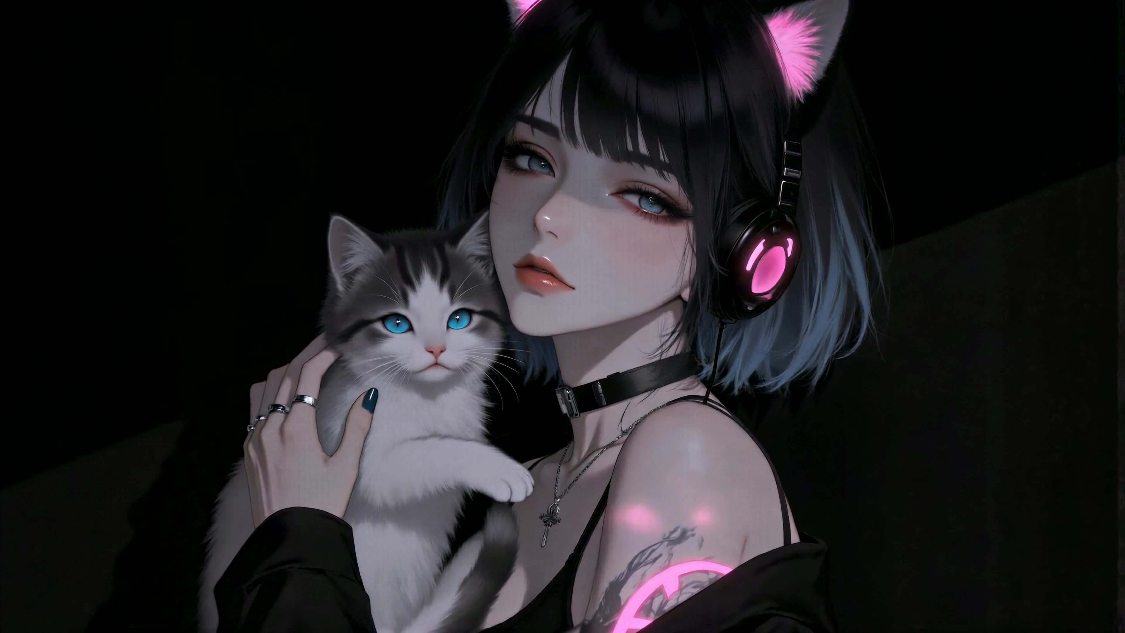 猫耳少女与蓝眼小猫