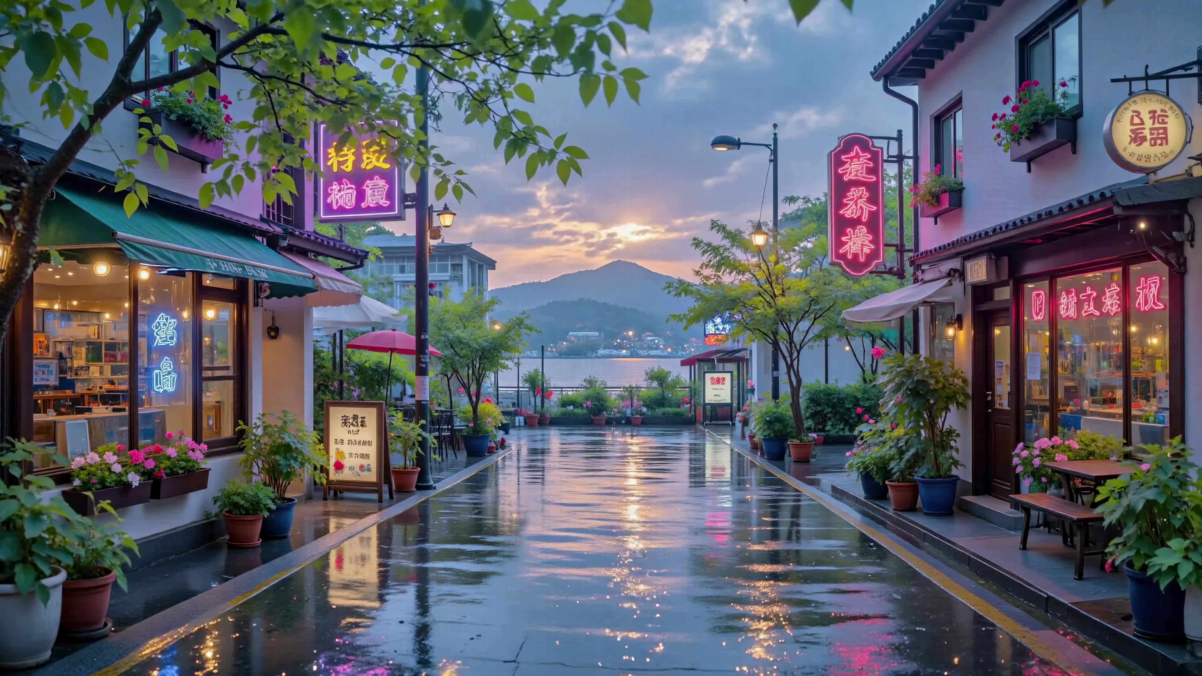 雨后湖畔小镇街景