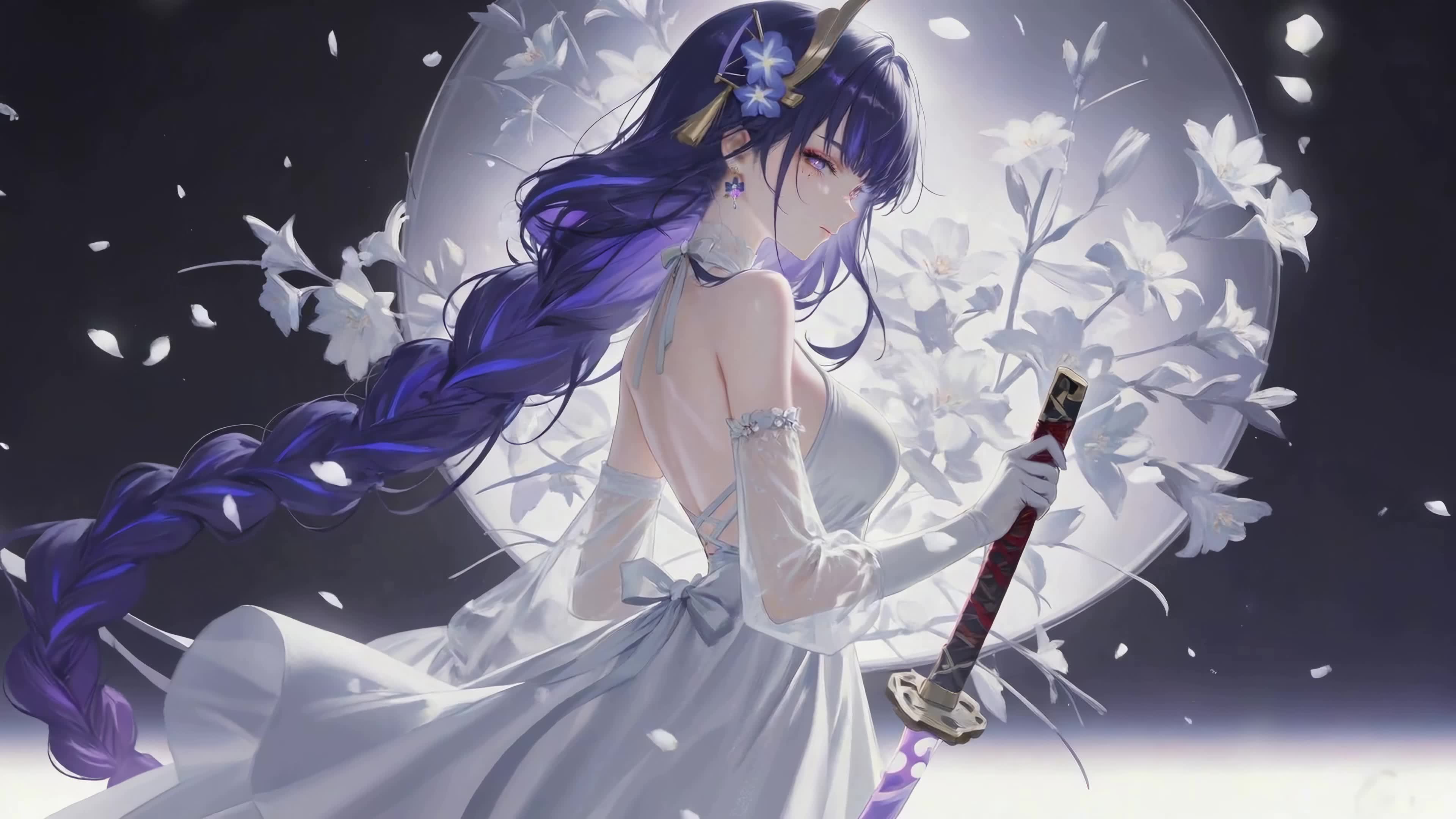月下紫发持刀白衣少女