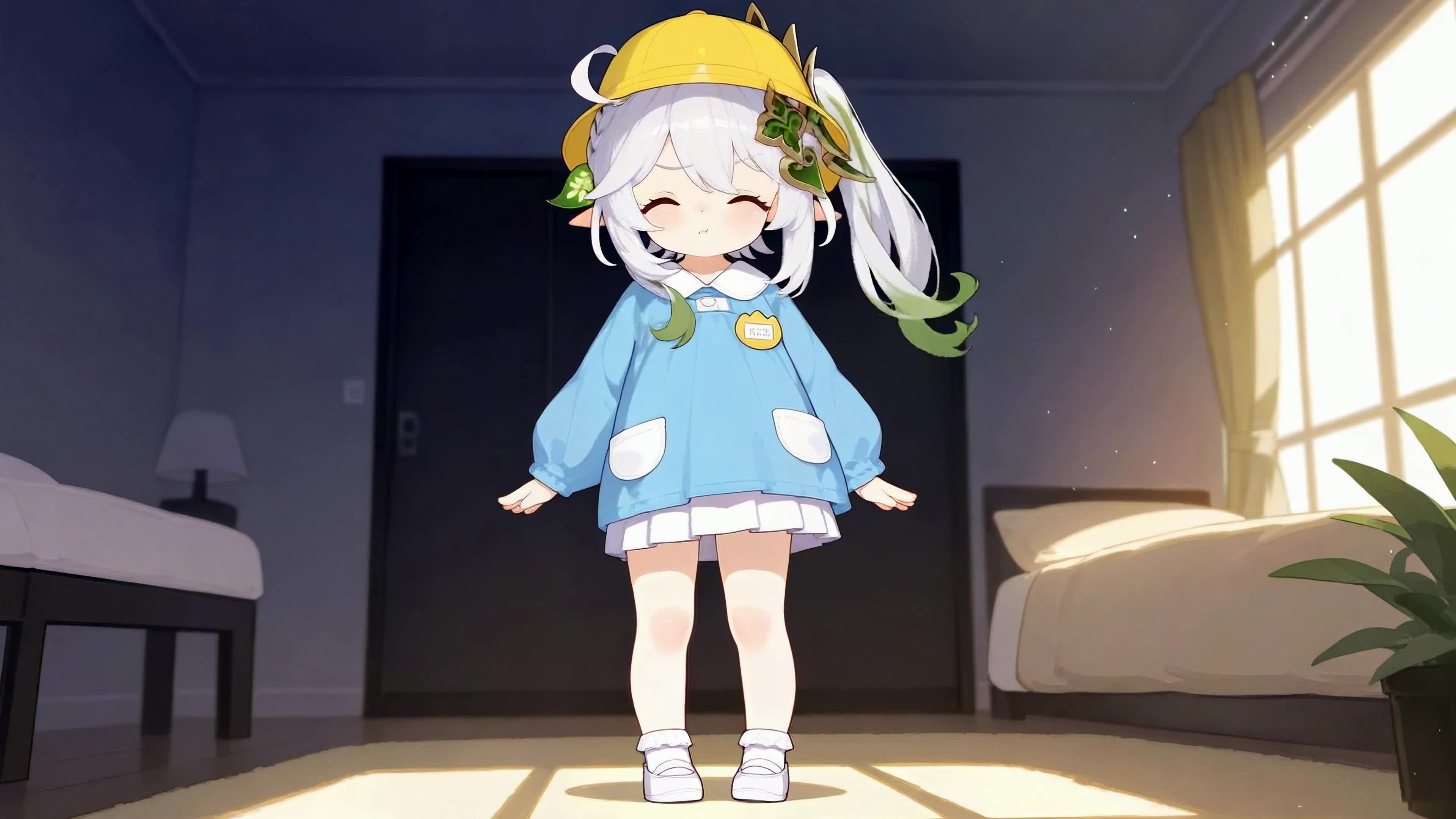 暖光卧室里的可爱白发少女