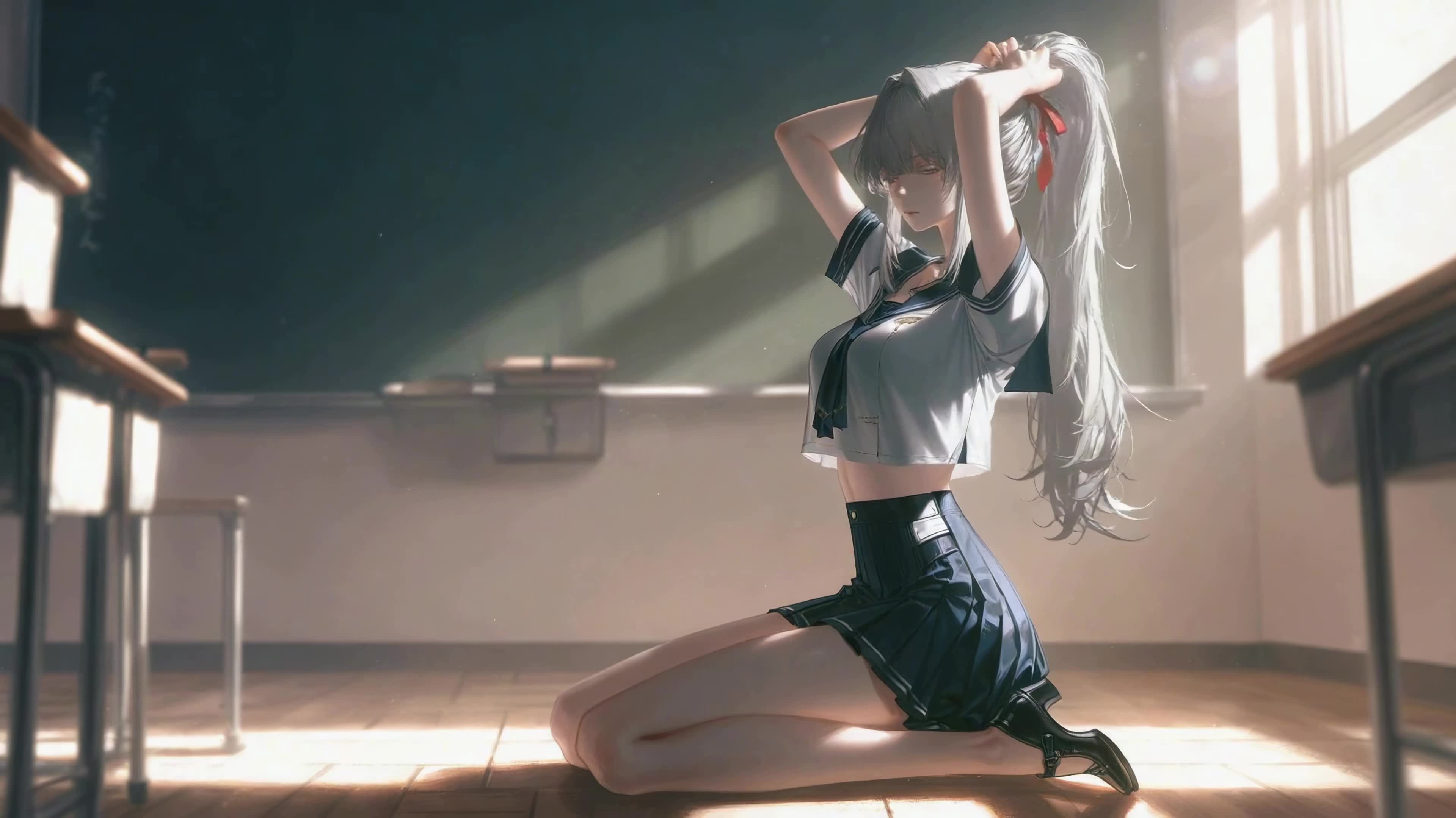 教室暖阳下的银发少女