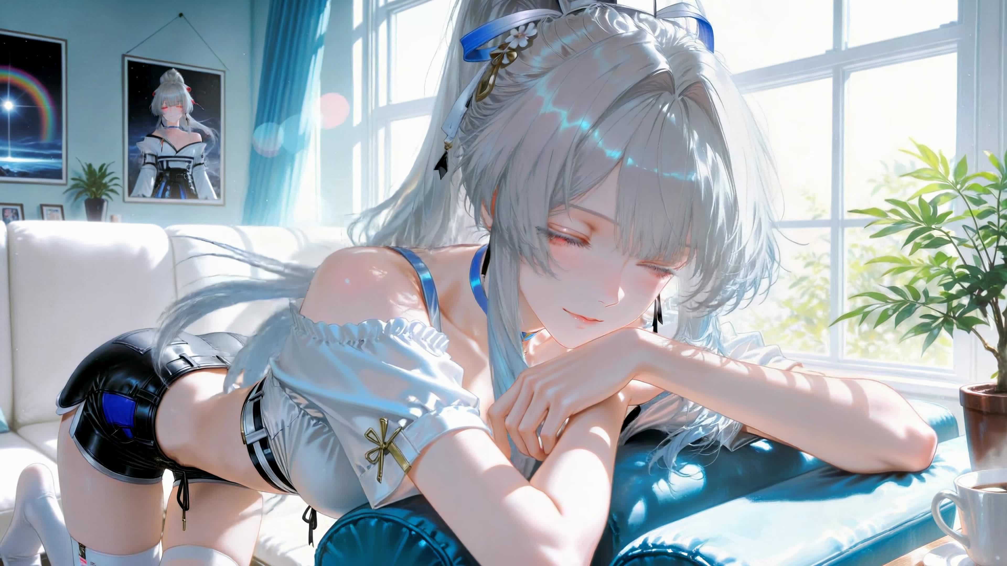 窗边休闲银发少女绯雪