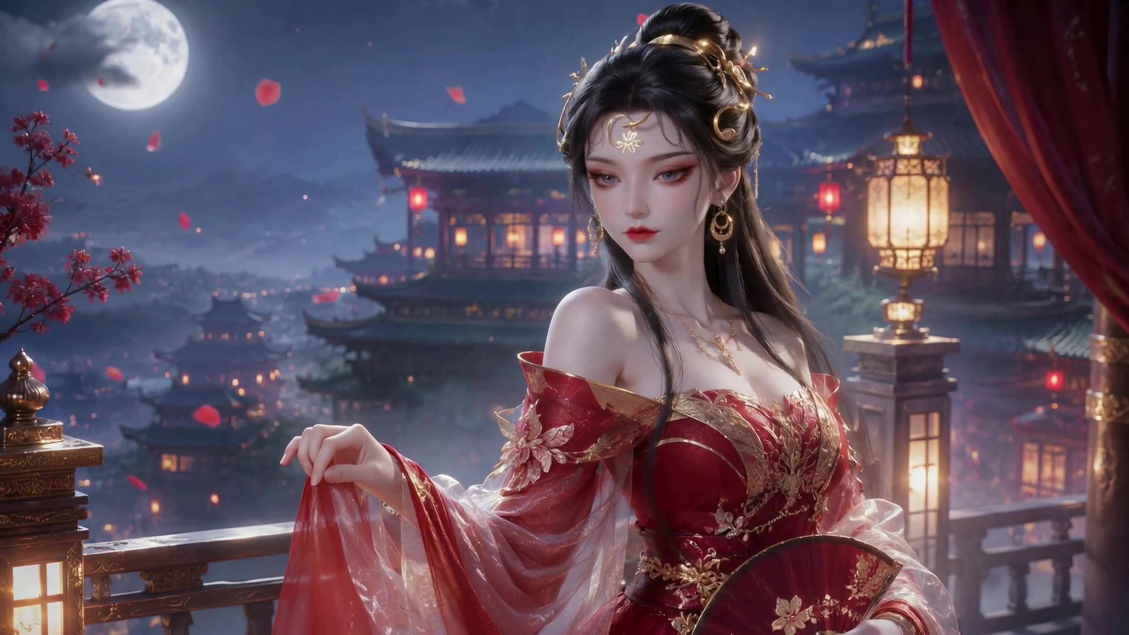月夜古楼红衣美人