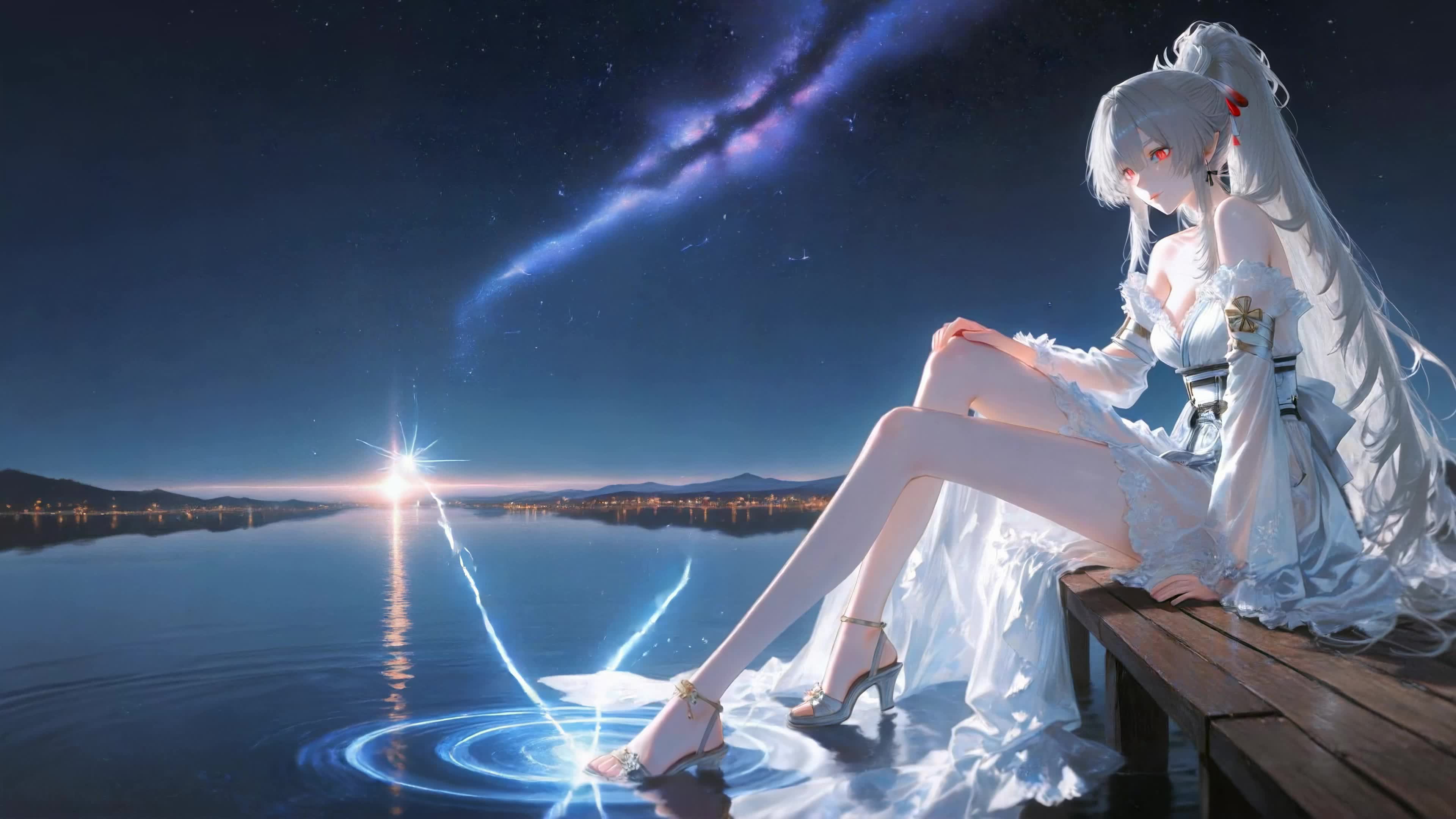 星空湖畔的银发少女