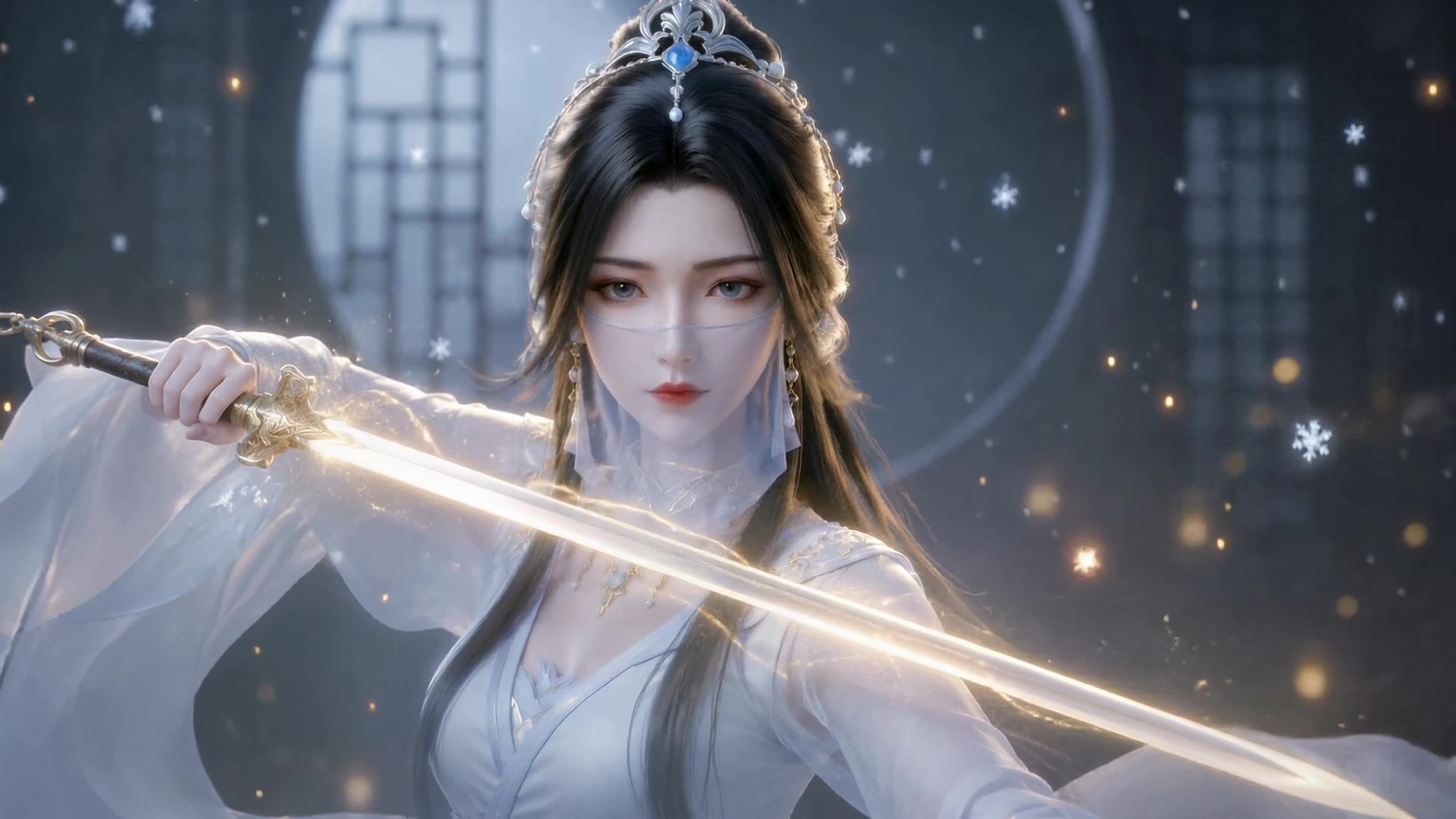 霜雪月下执剑美人