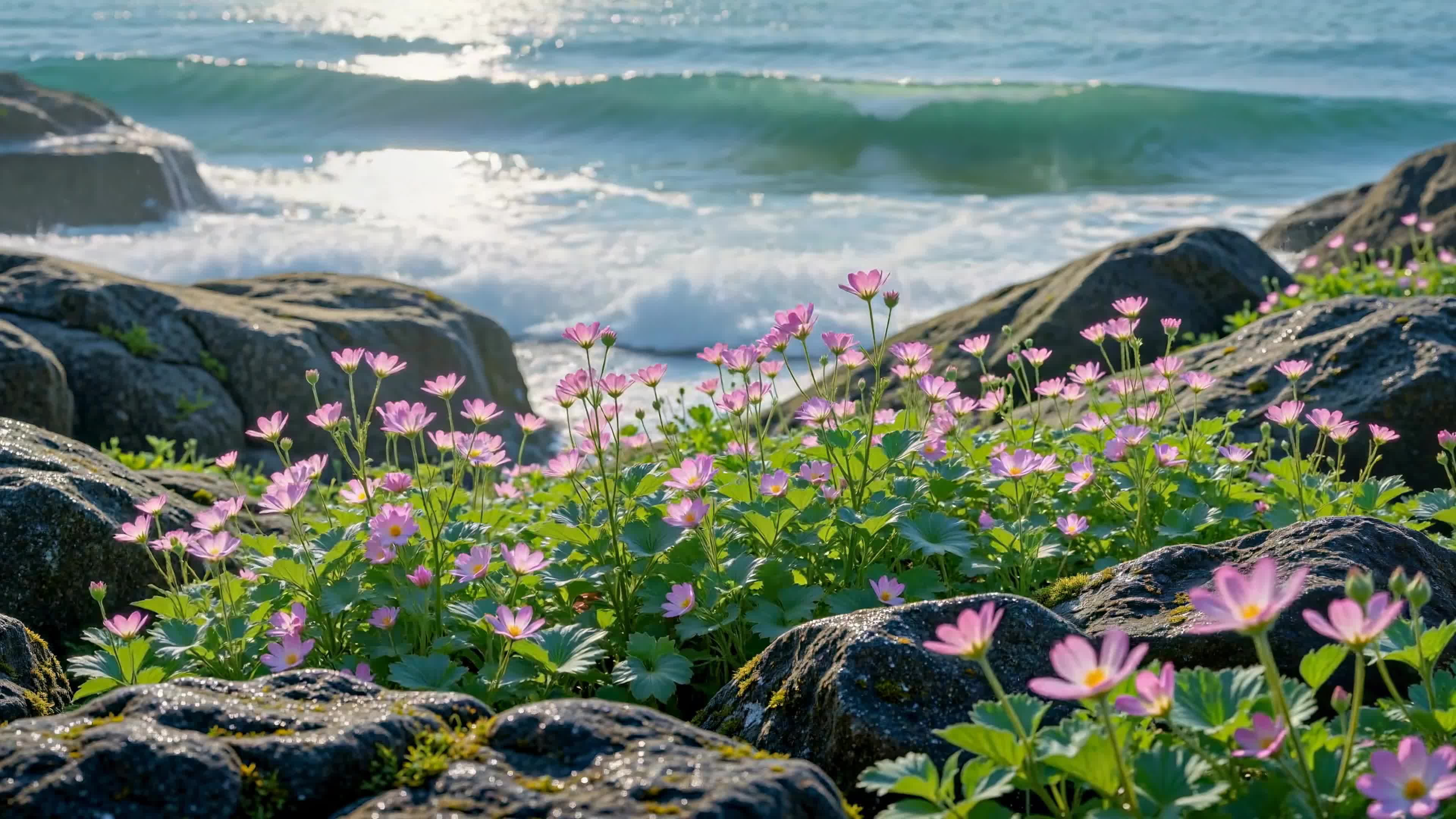 海边礁石粉花盛放