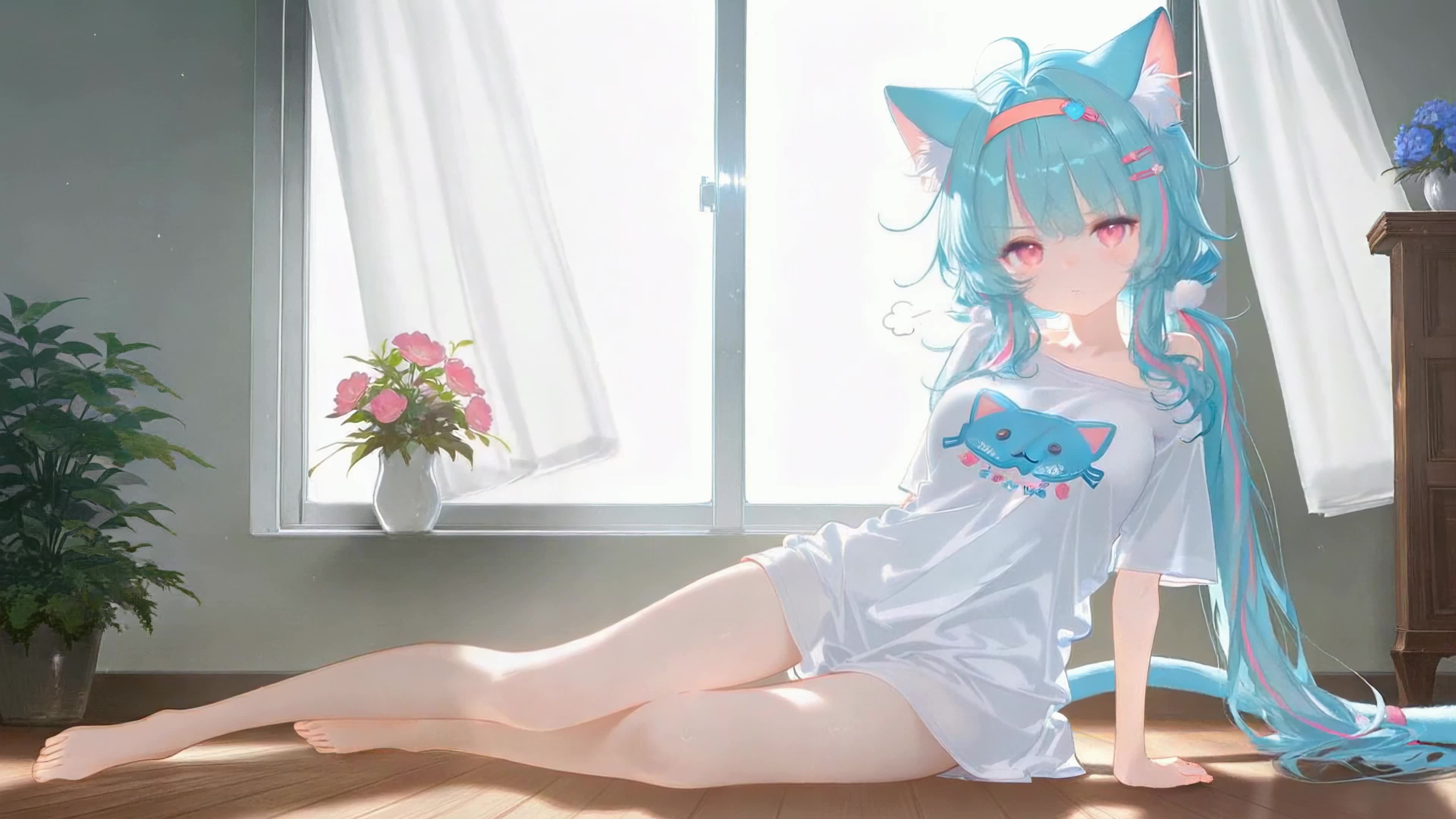 窗边蓝发猫耳少女