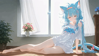 窗边蓝发猫耳少女