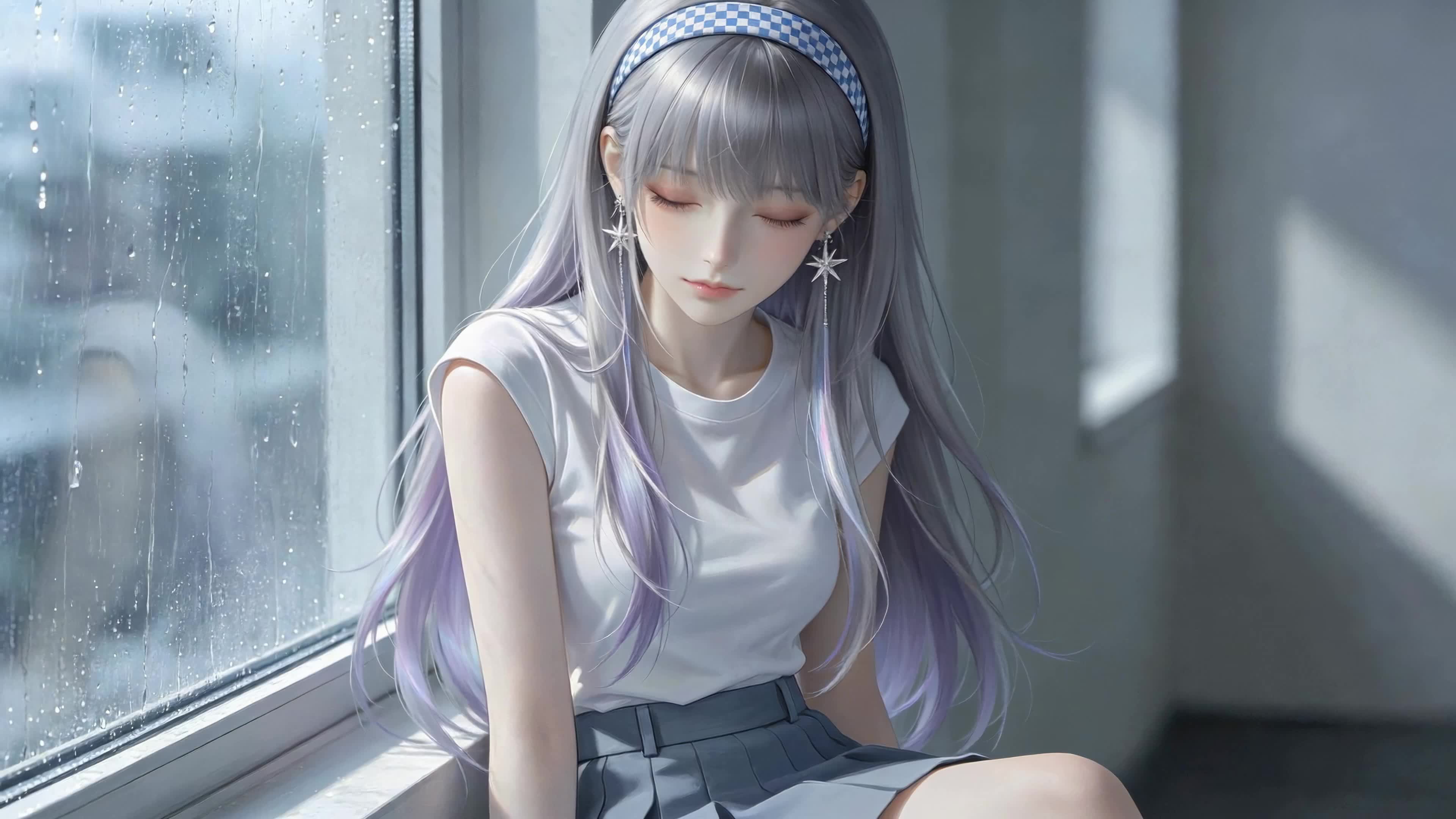 窗边静坐的紫发少女