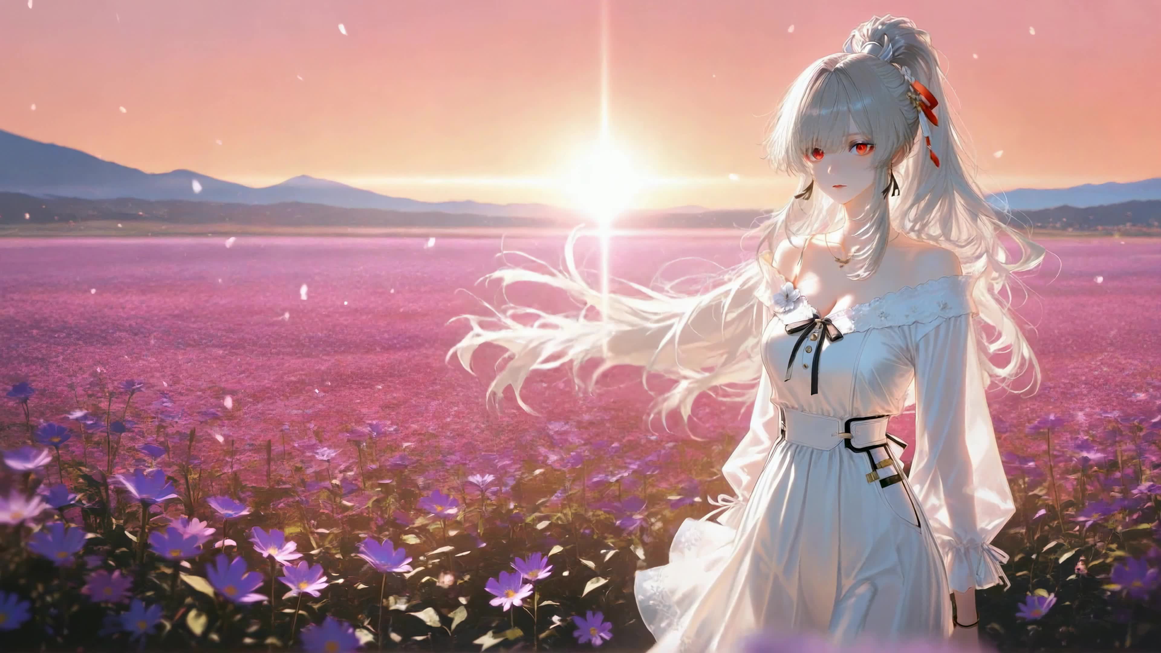 花海夕阳下的银发少女
