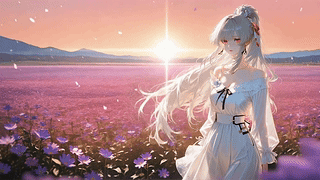 花海夕阳下的银发少女