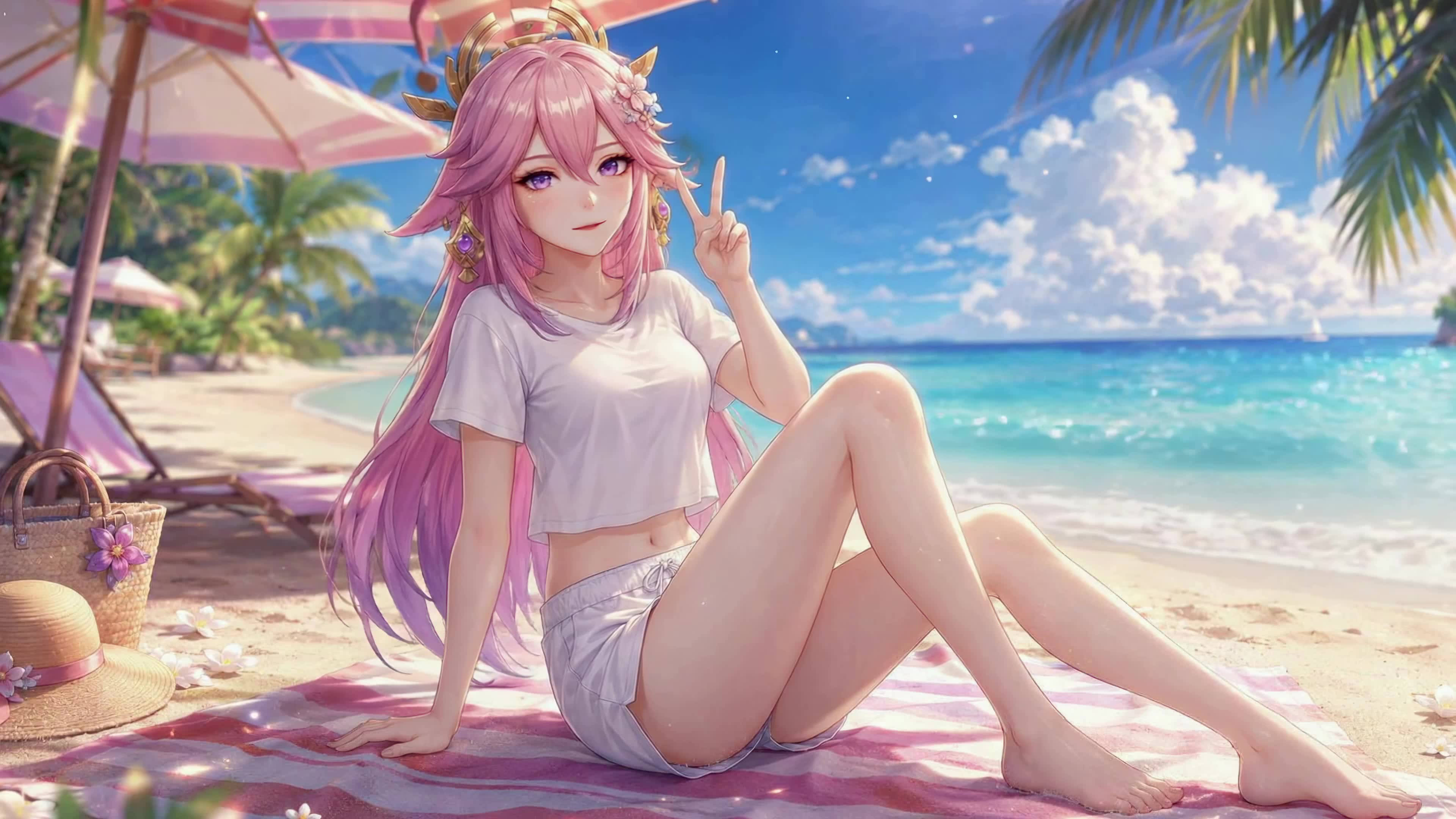 粉发少女夏日沙滩
