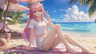 粉发少女夏日沙滩