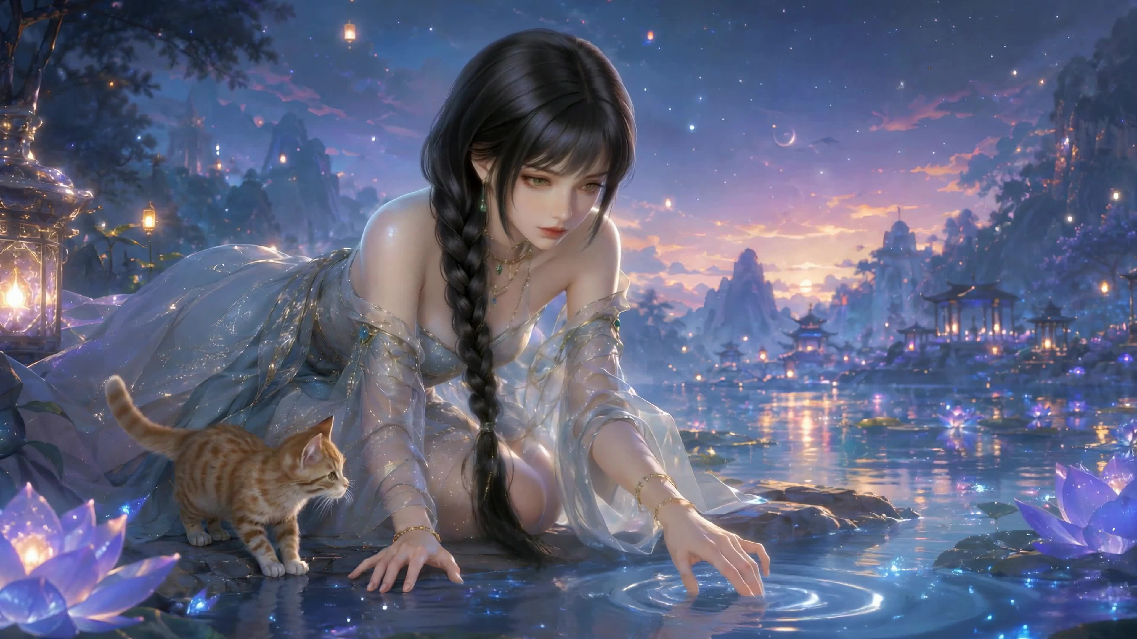 星夜湖畔少女与猫