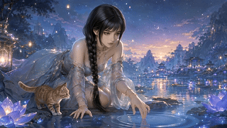星夜湖畔少女与猫
