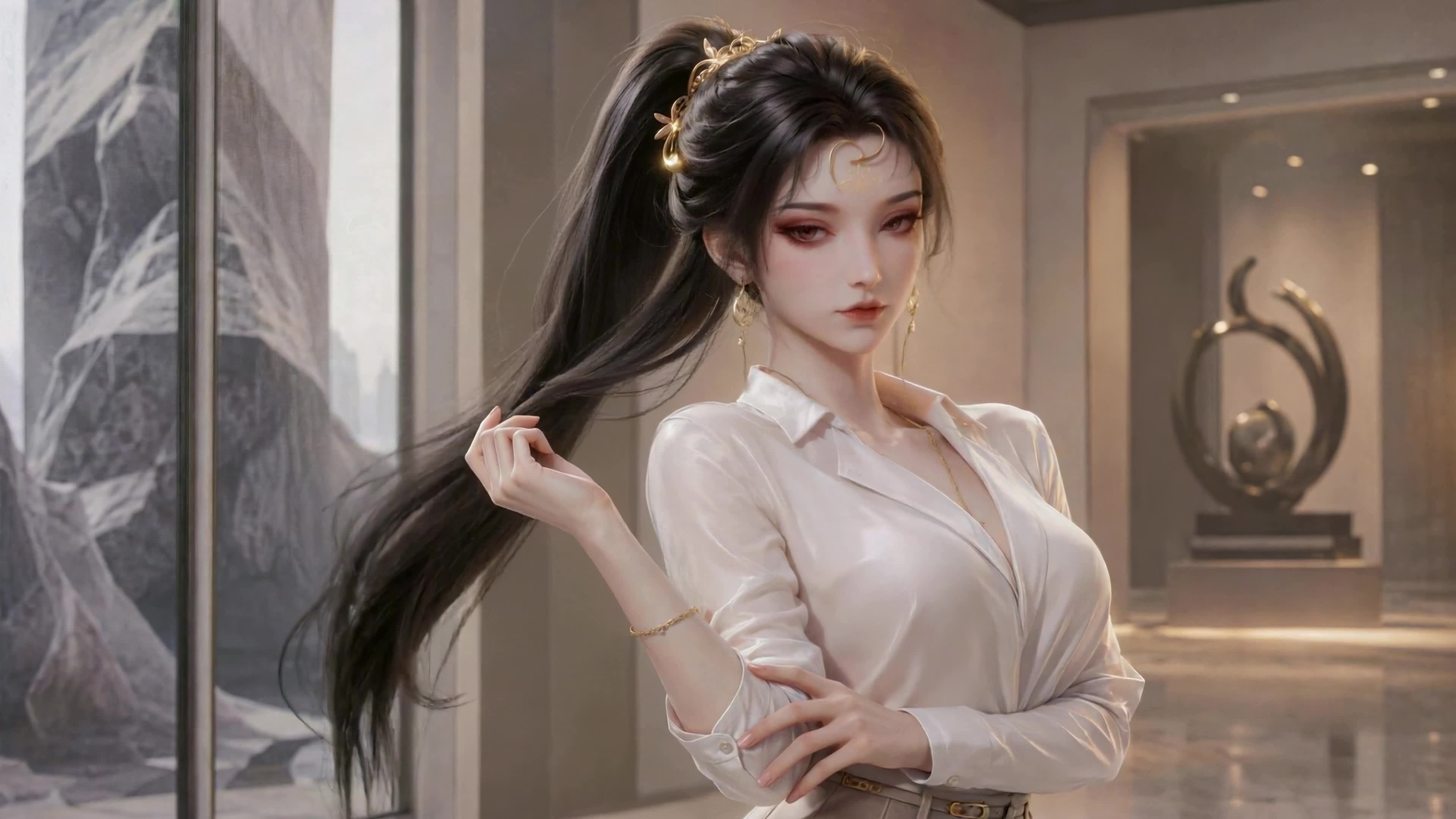 现代空间的精致高马尾美人