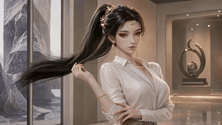 现代空间的精致高马尾美人