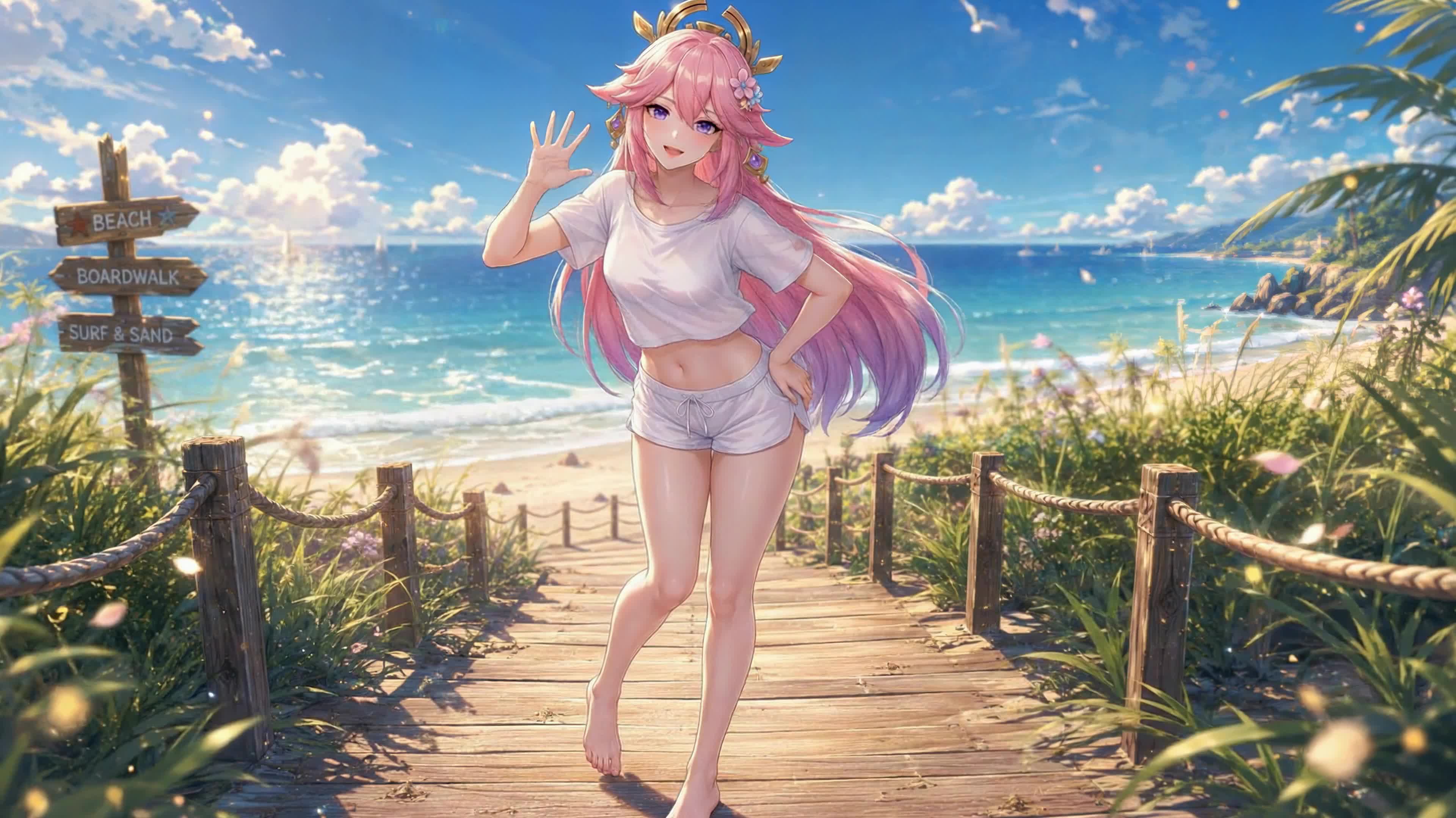 夏日海滨粉发少女