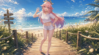 夏日海滨粉发少女