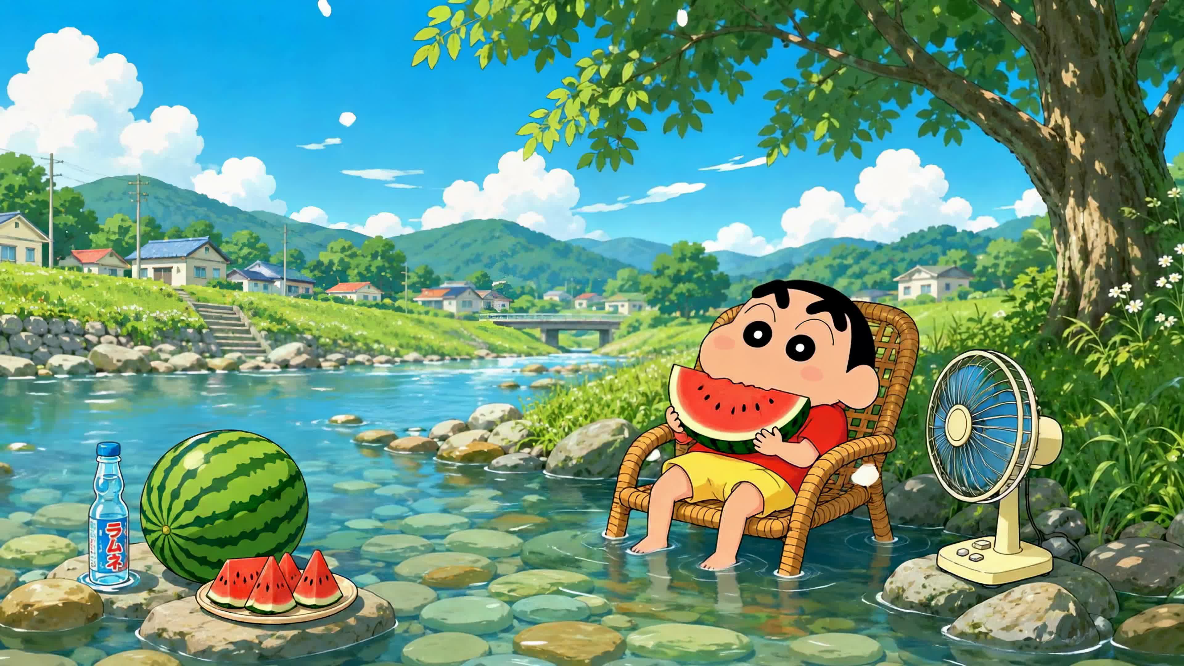 夏日溪边悠闲纳凉吃西瓜