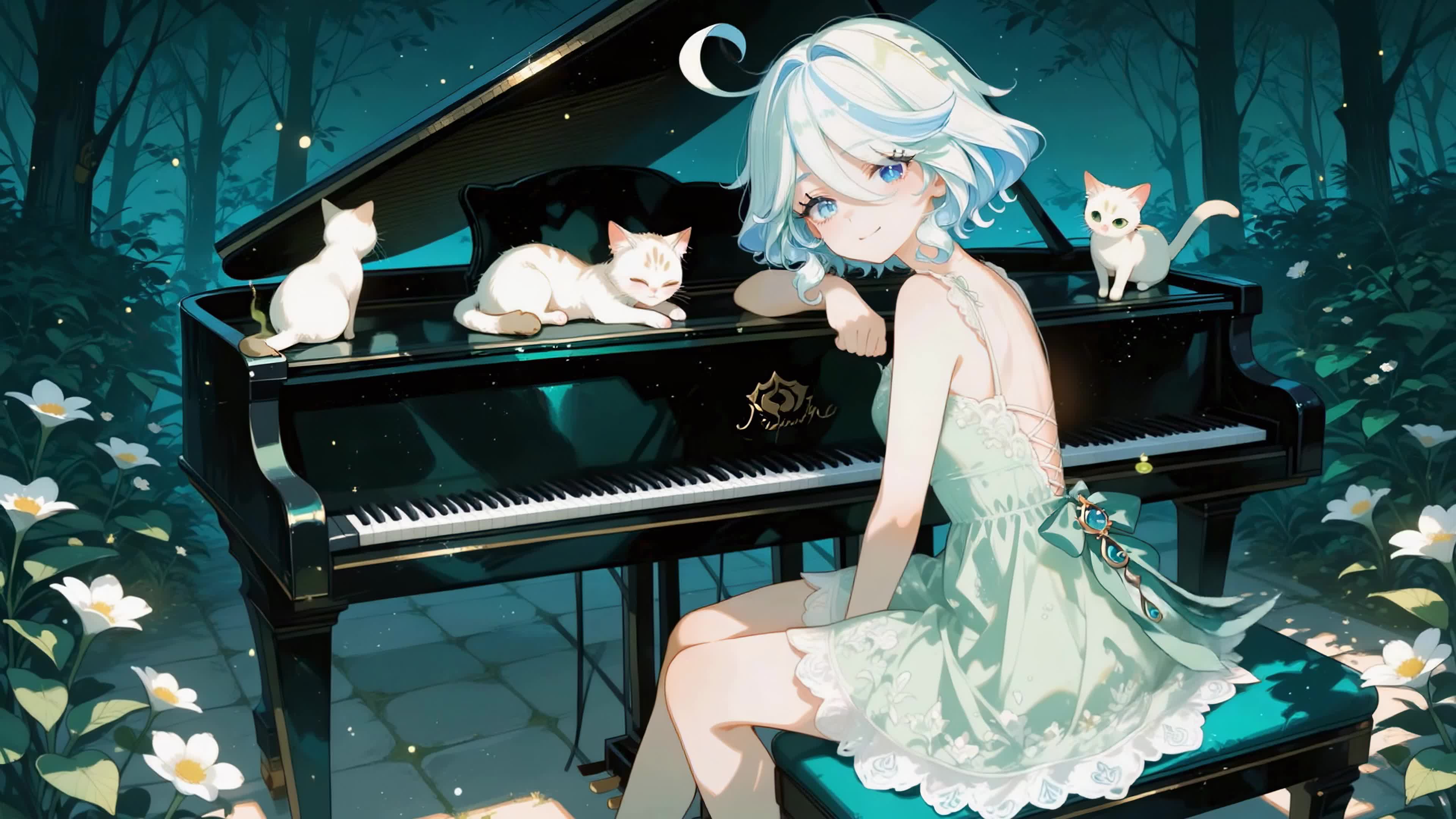 林间钢琴少女与猫咪