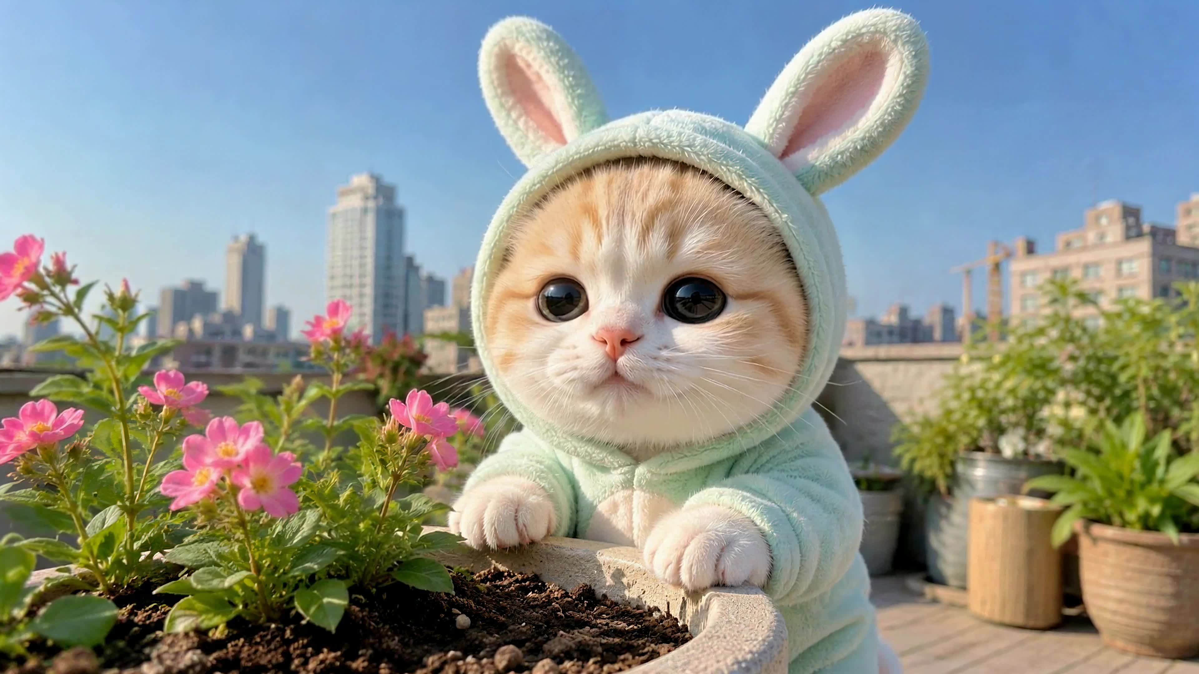露台花旁的软萌小猫