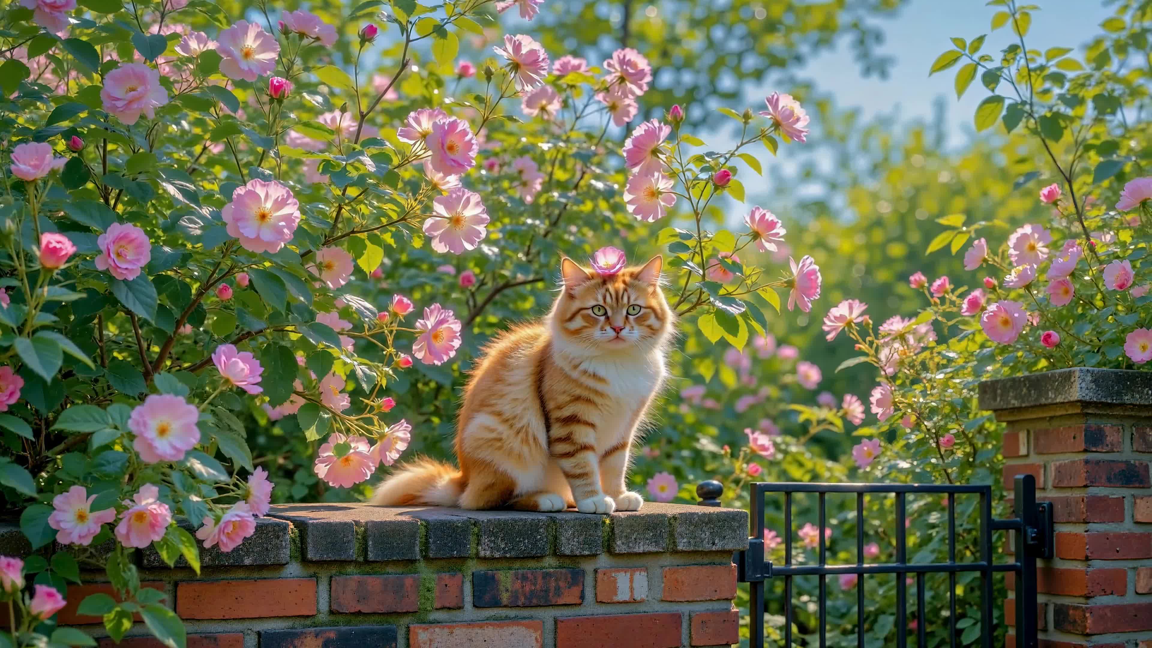 蔷薇花旁的橘猫